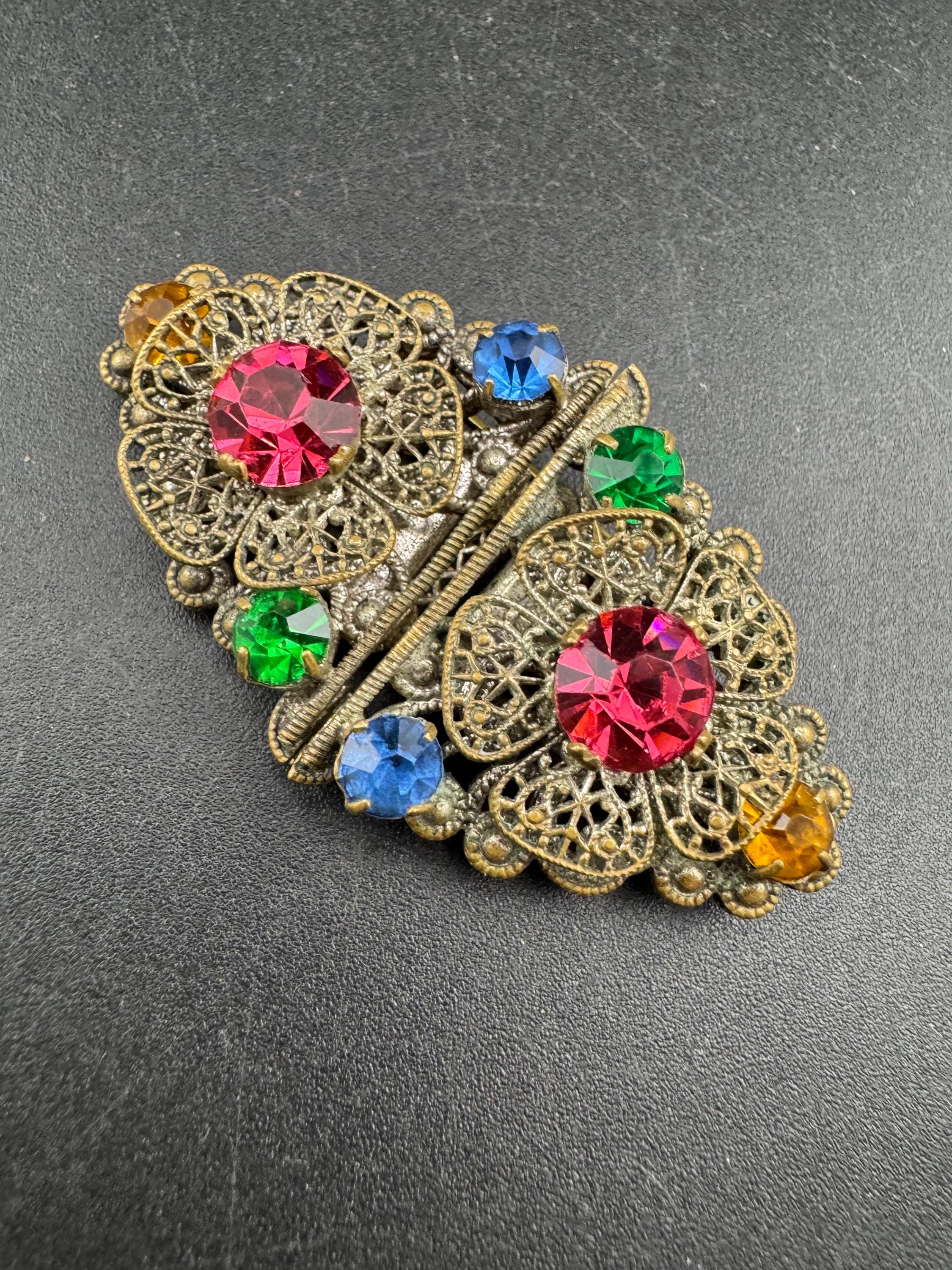 Pair of dress Clips Combination Brooch, rainbow paste Czech brass fittings