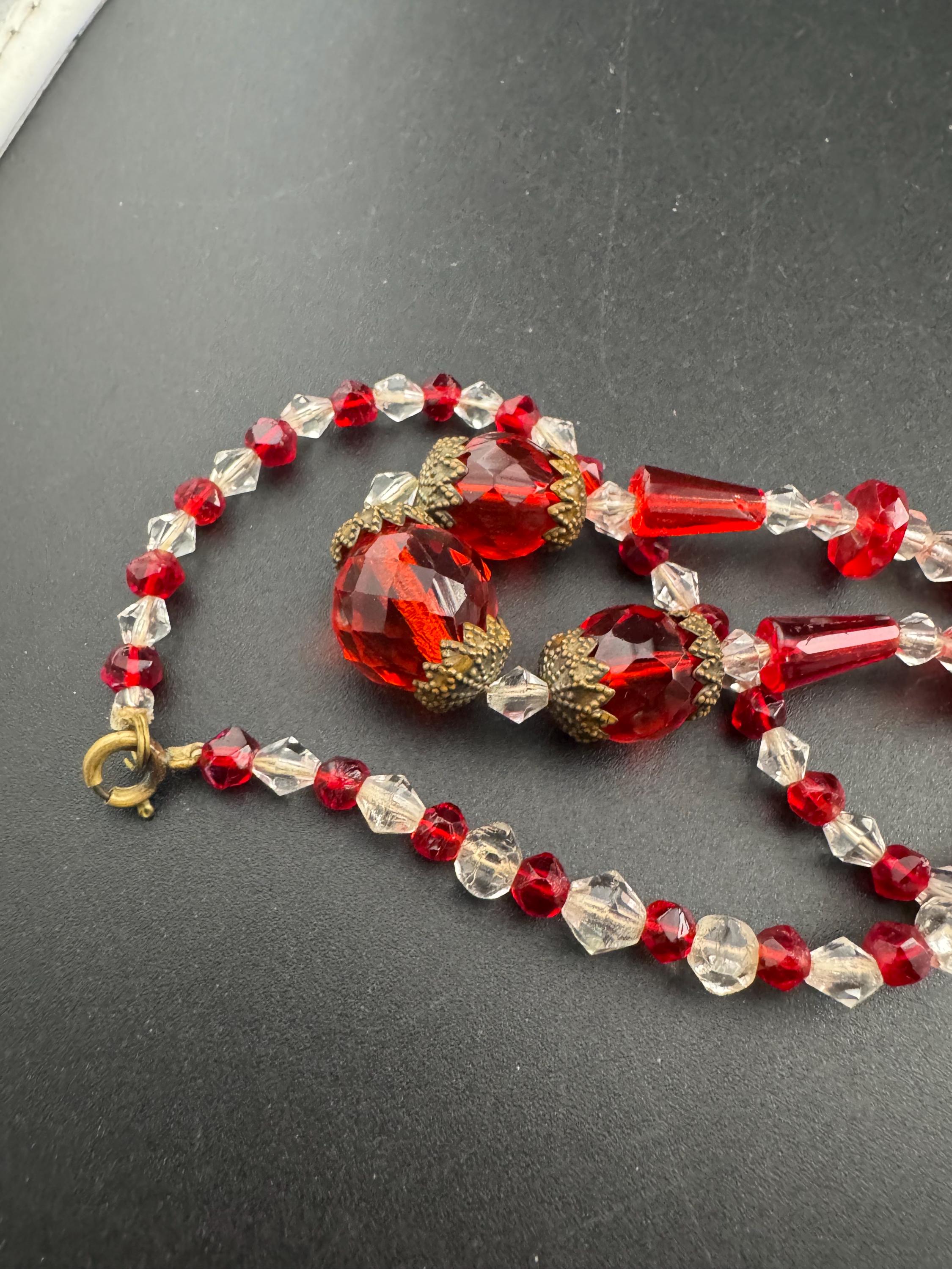 Vintage Czech red and clear cut glass beaded art deco necklace