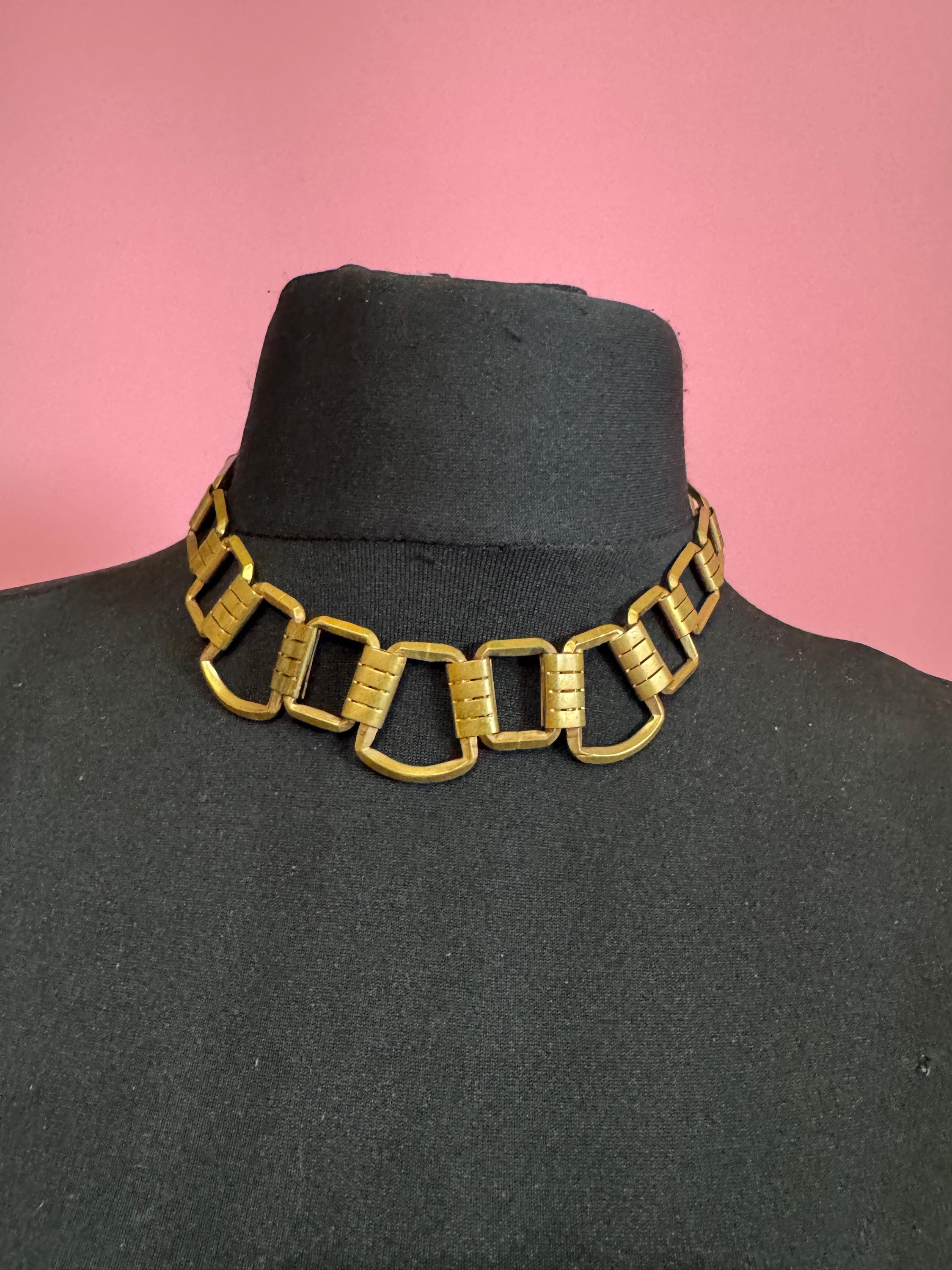 Czech, art deco gold brass collar necklace, machine age
