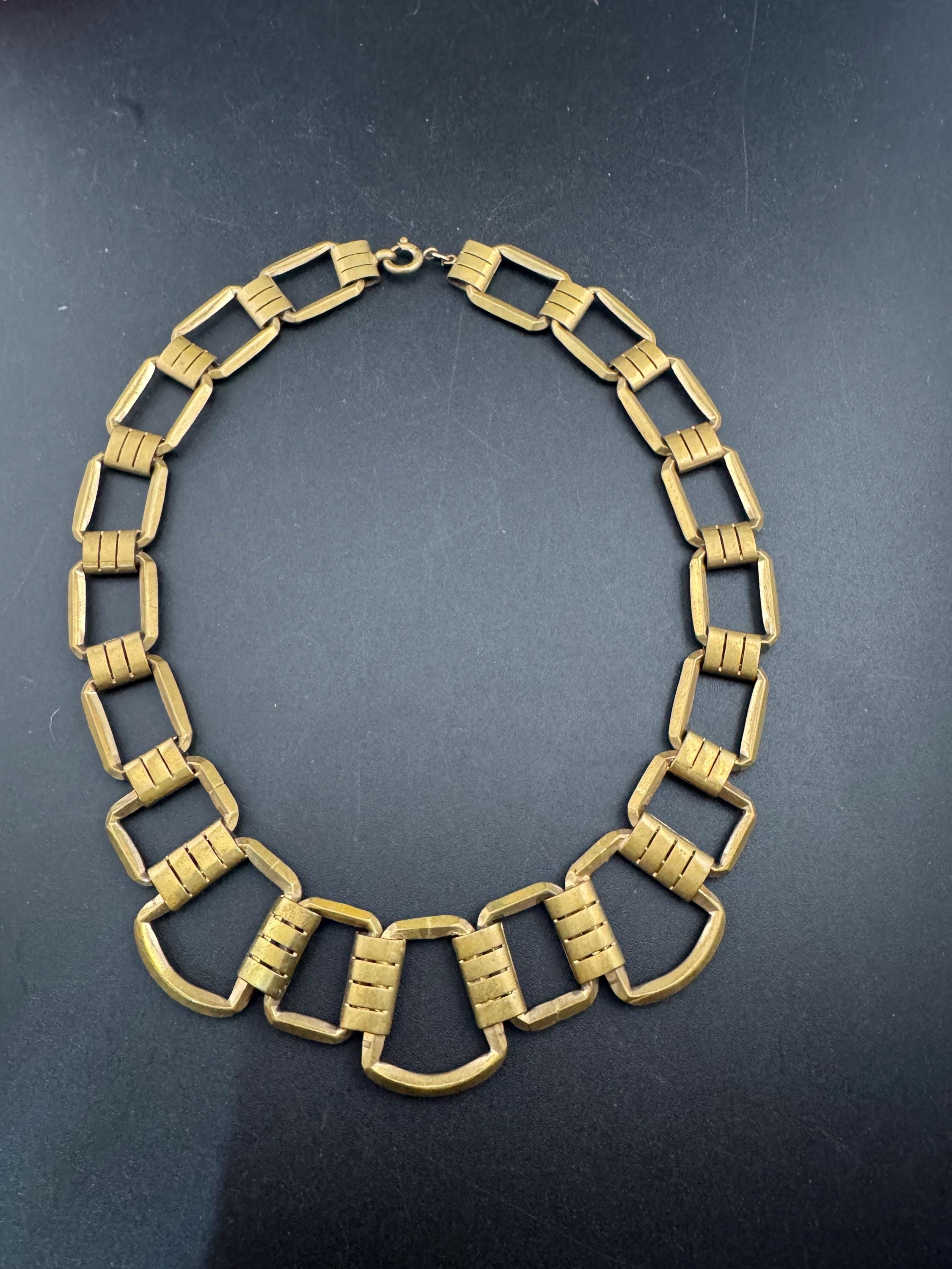 Czech, art deco gold brass collar necklace, machine age