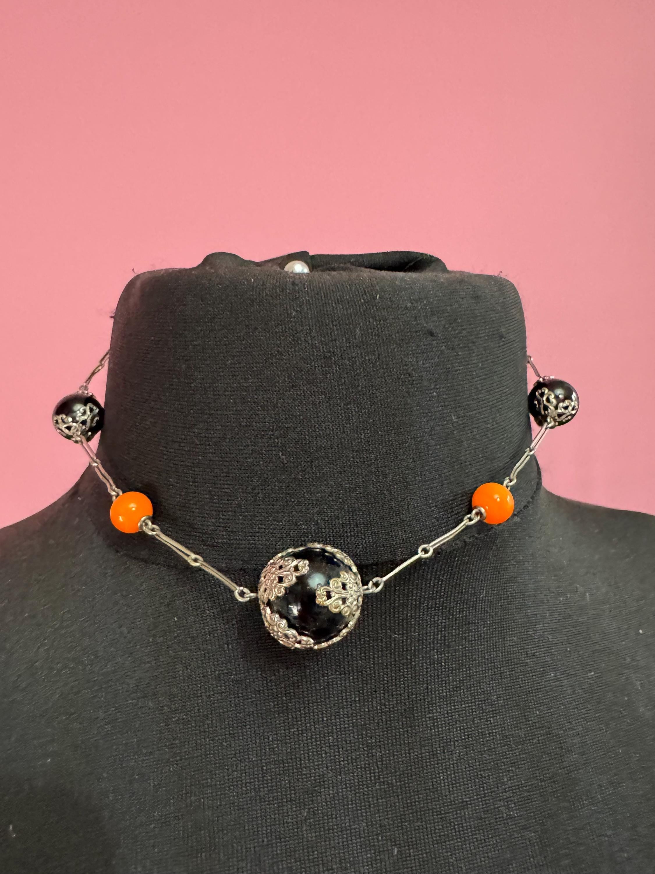 Czech silver black and orange ceramic beaded necklace, 1920s art deco