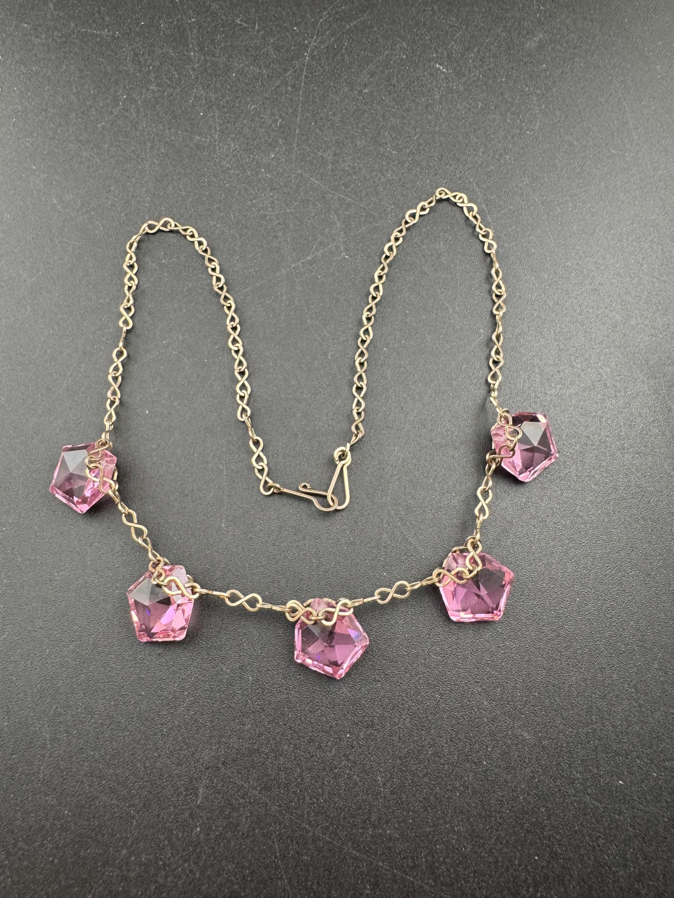 Art Deco pink glass crystal drop necklace, gilt metal chain