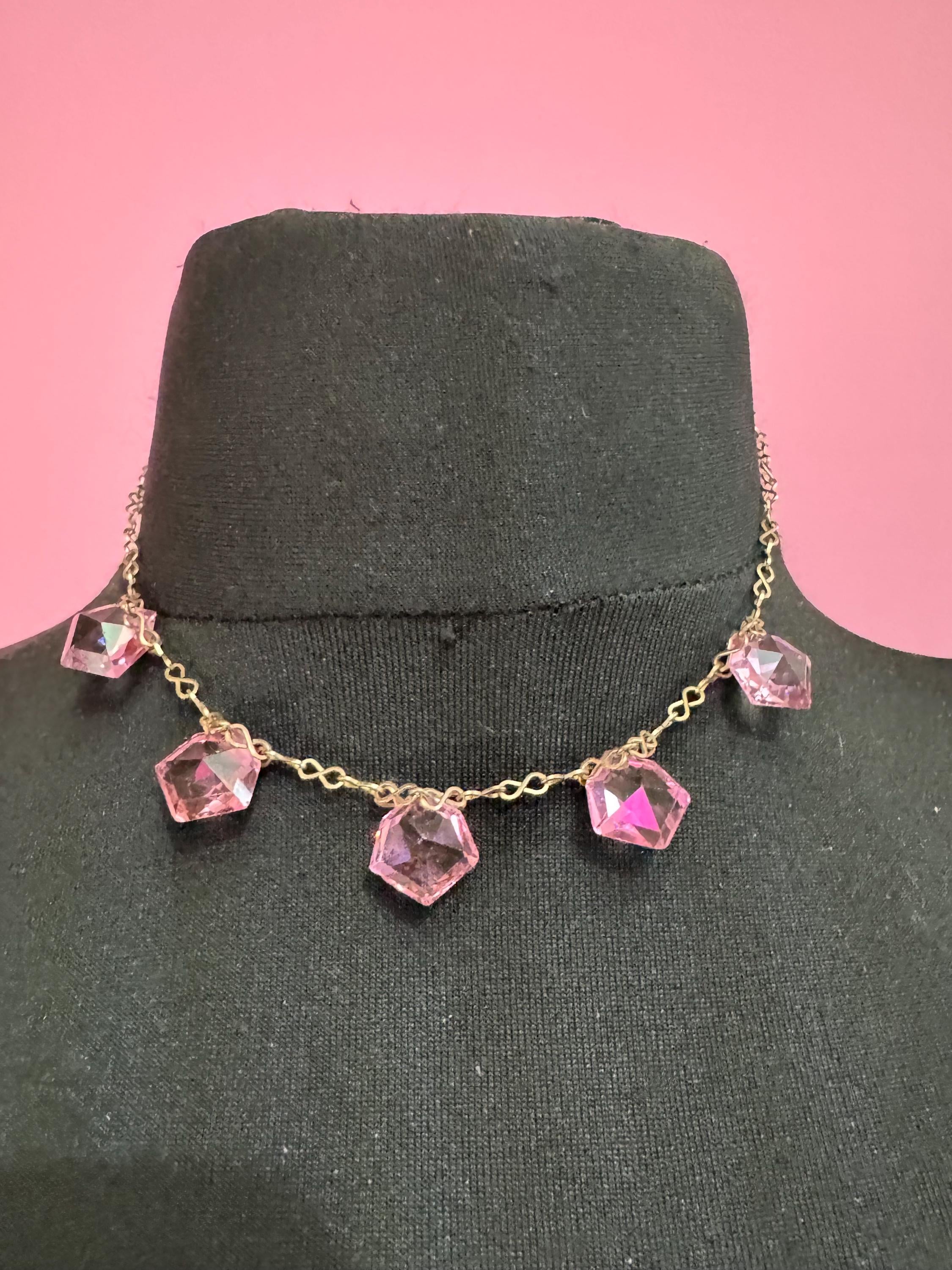 Art Deco pink glass crystal drop necklace, gilt metal chain