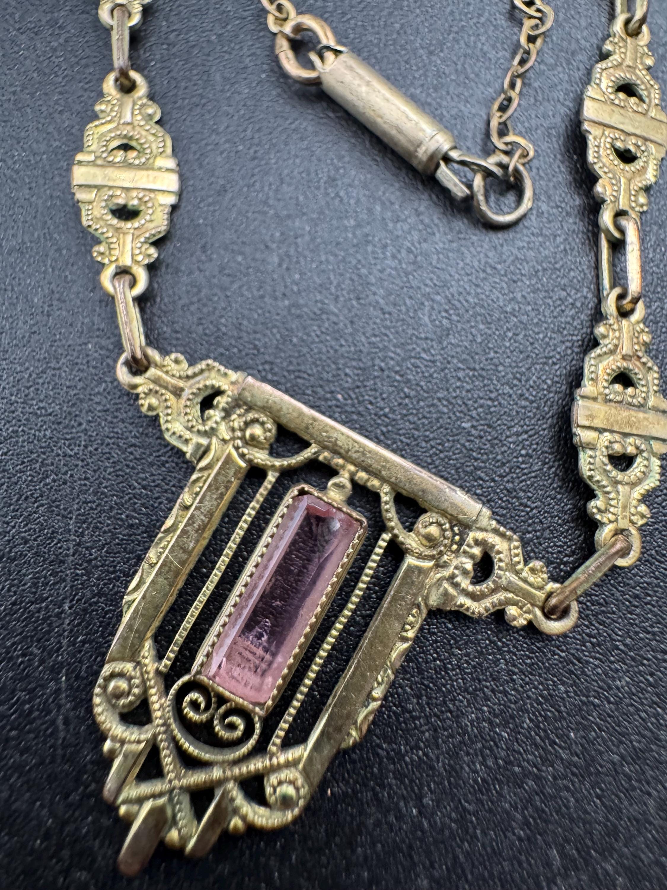 Antique rolled gold amethyst purple pendant necklace