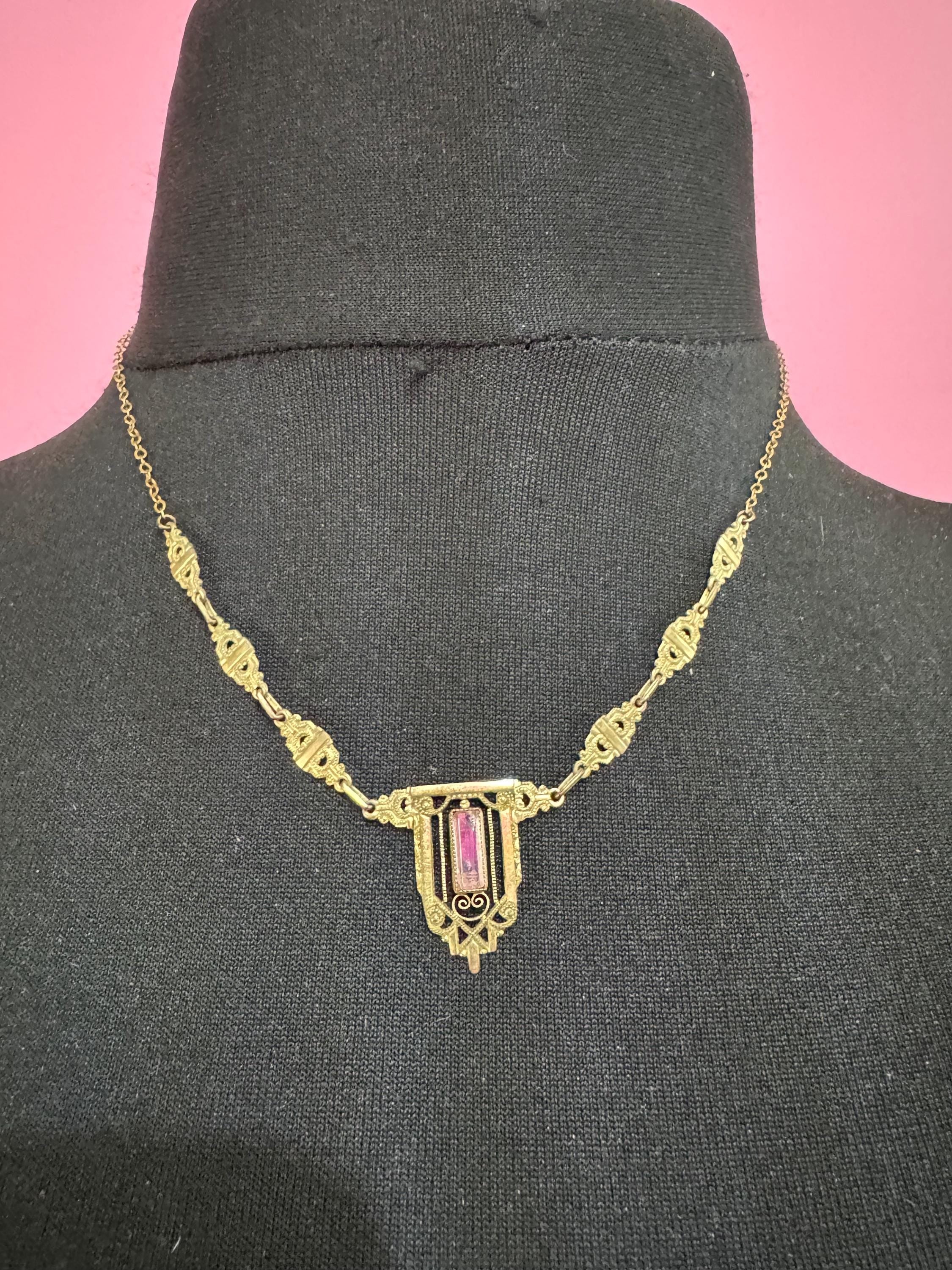 Antique rolled gold amethyst purple pendant necklace