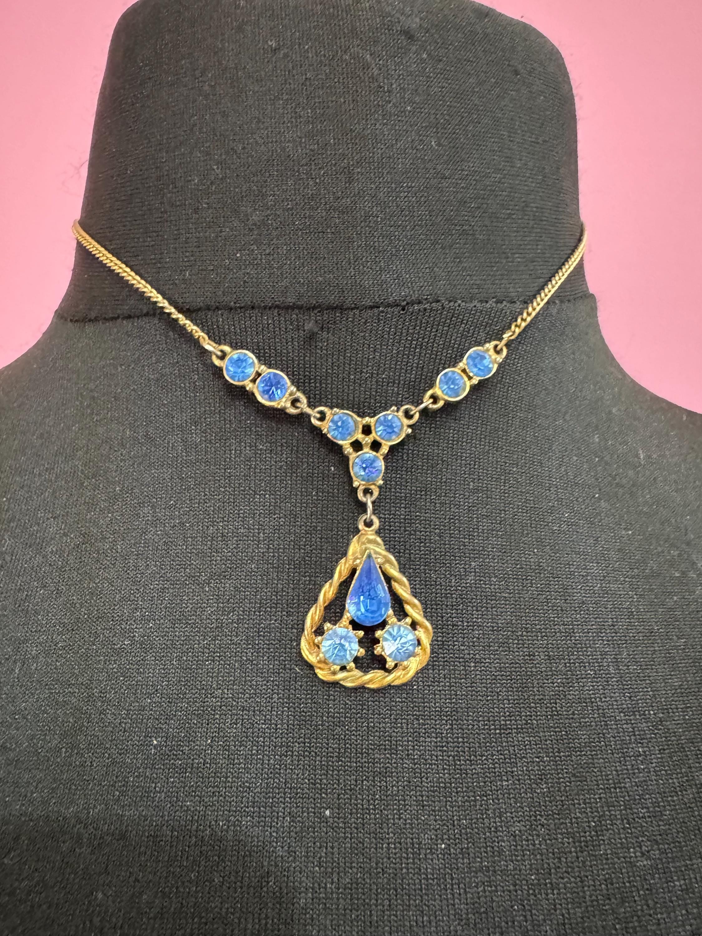 Art Deco sapphire diamante Paste drop pendant necklace, gold tone