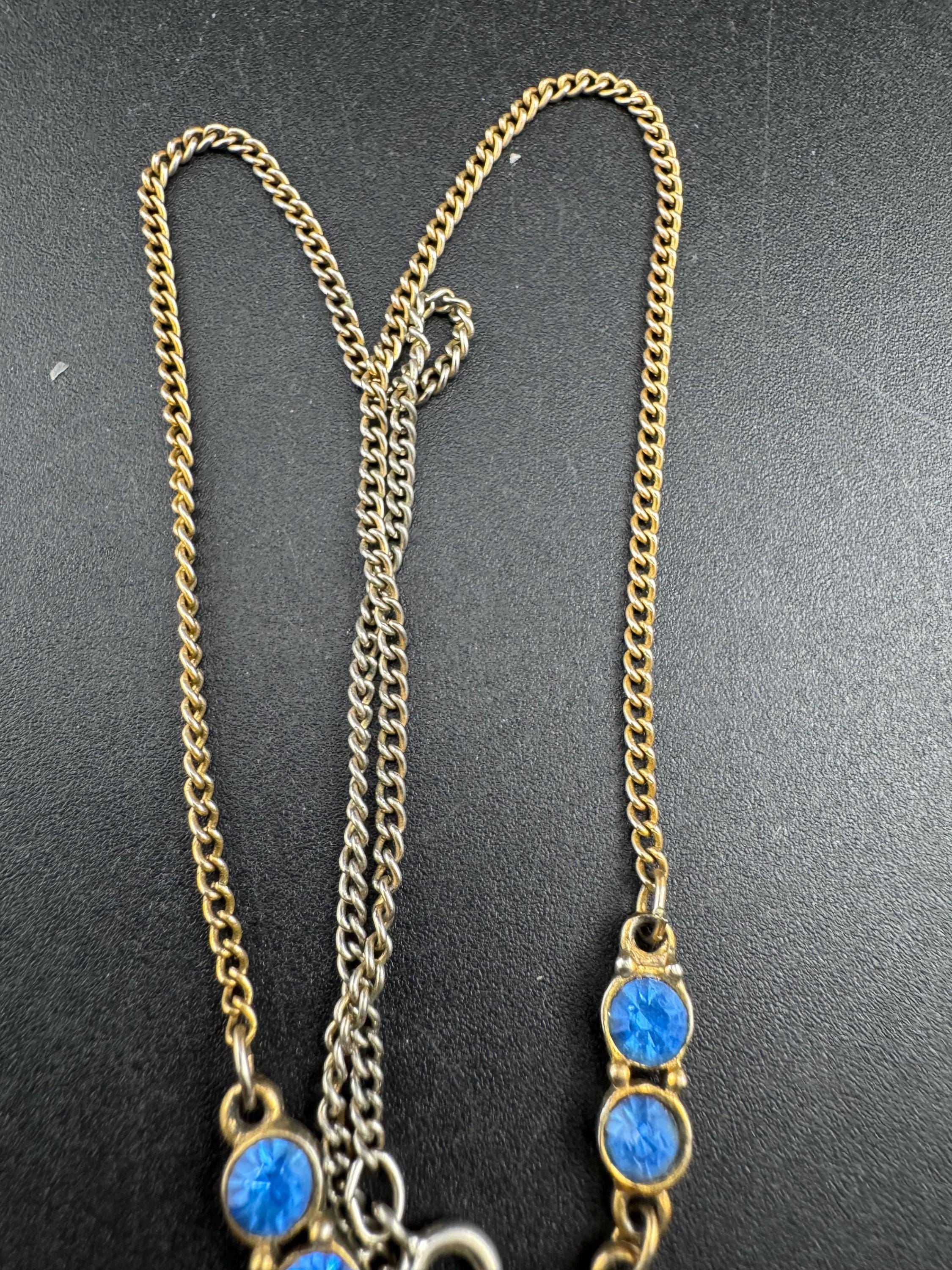 Art Deco sapphire diamante Paste drop pendant necklace, gold tone