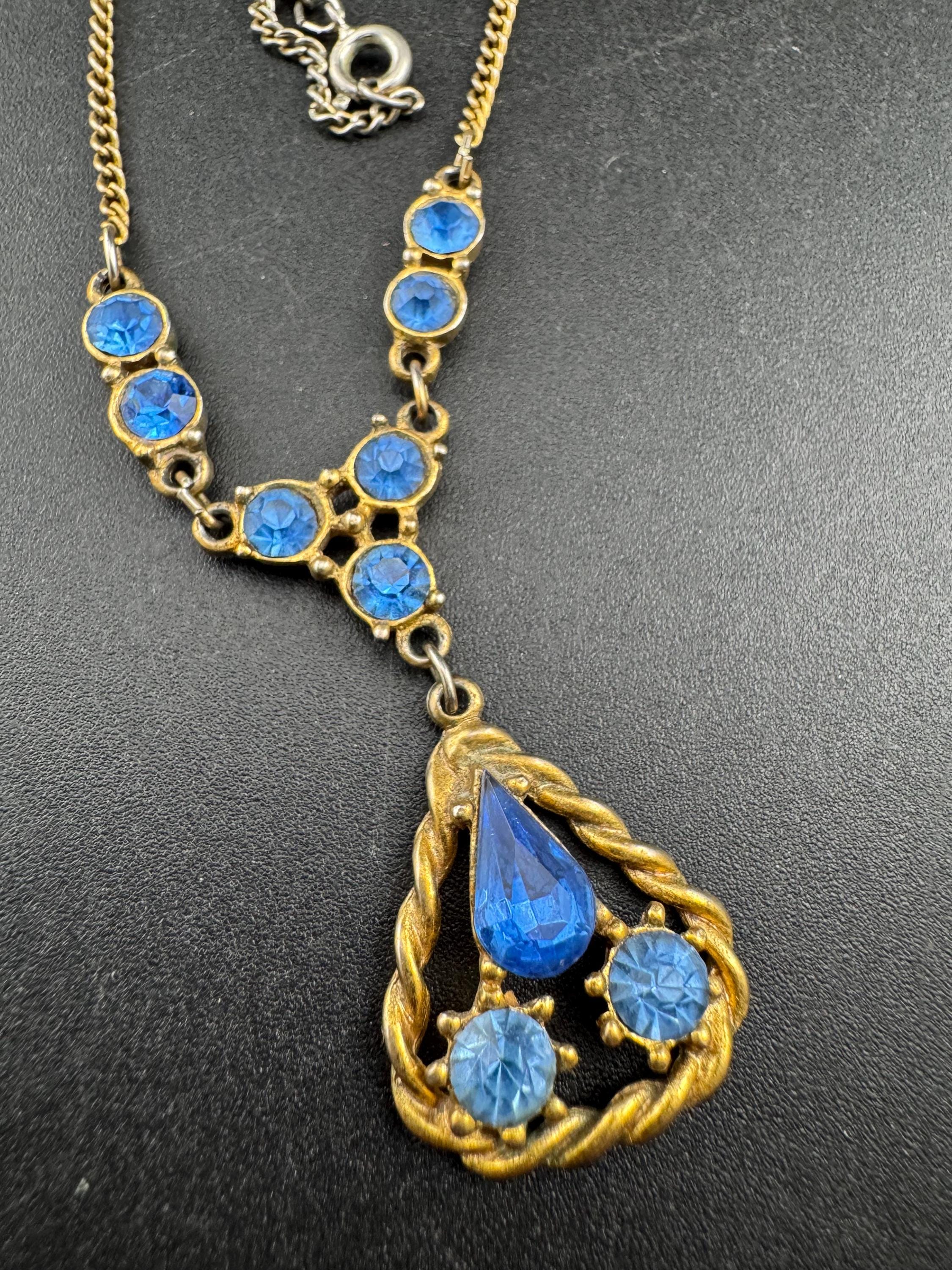 Art Deco sapphire diamante Paste drop pendant necklace, gold tone