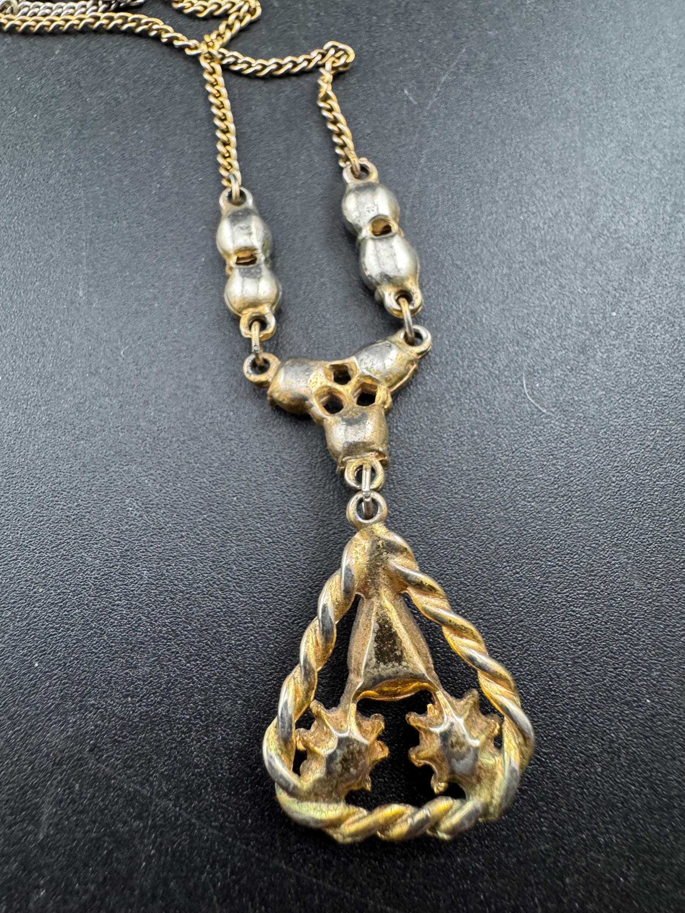 Art Deco sapphire diamante Paste drop pendant necklace, gold tone