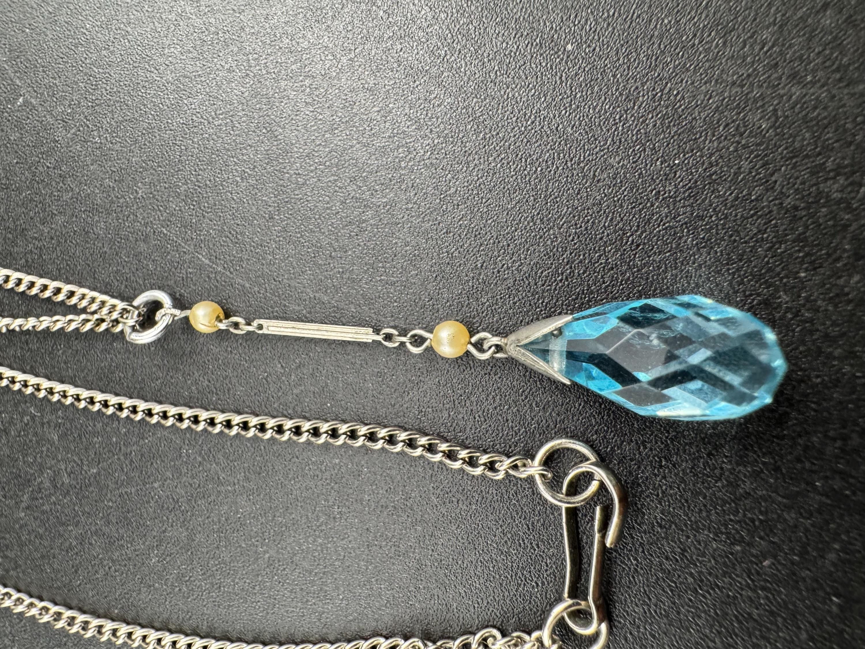 Art Deco sapphire blue glass drop necklace with seed pearls, silver tone