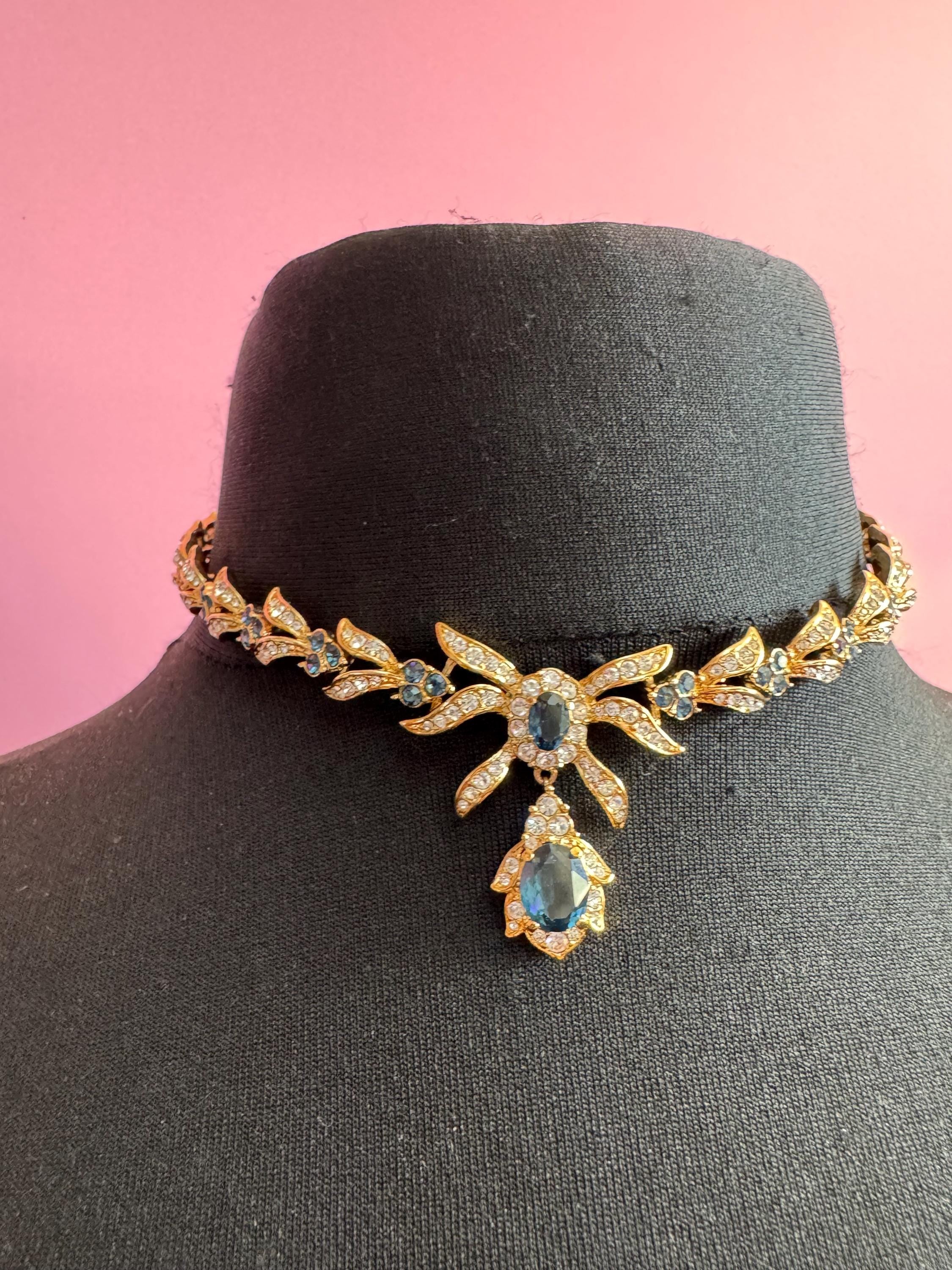 Vintage early Attwood and Sawyer sapphire Rhinestone drop Necklace, signed gold tone
