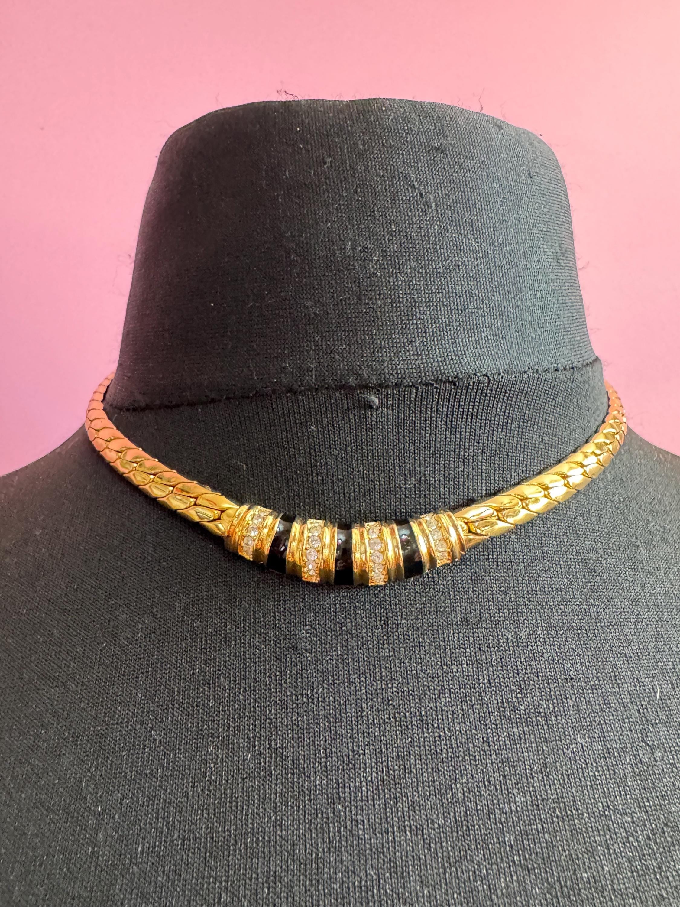Christian Dior Germany black enamel crystal collar necklace, signed gold plated