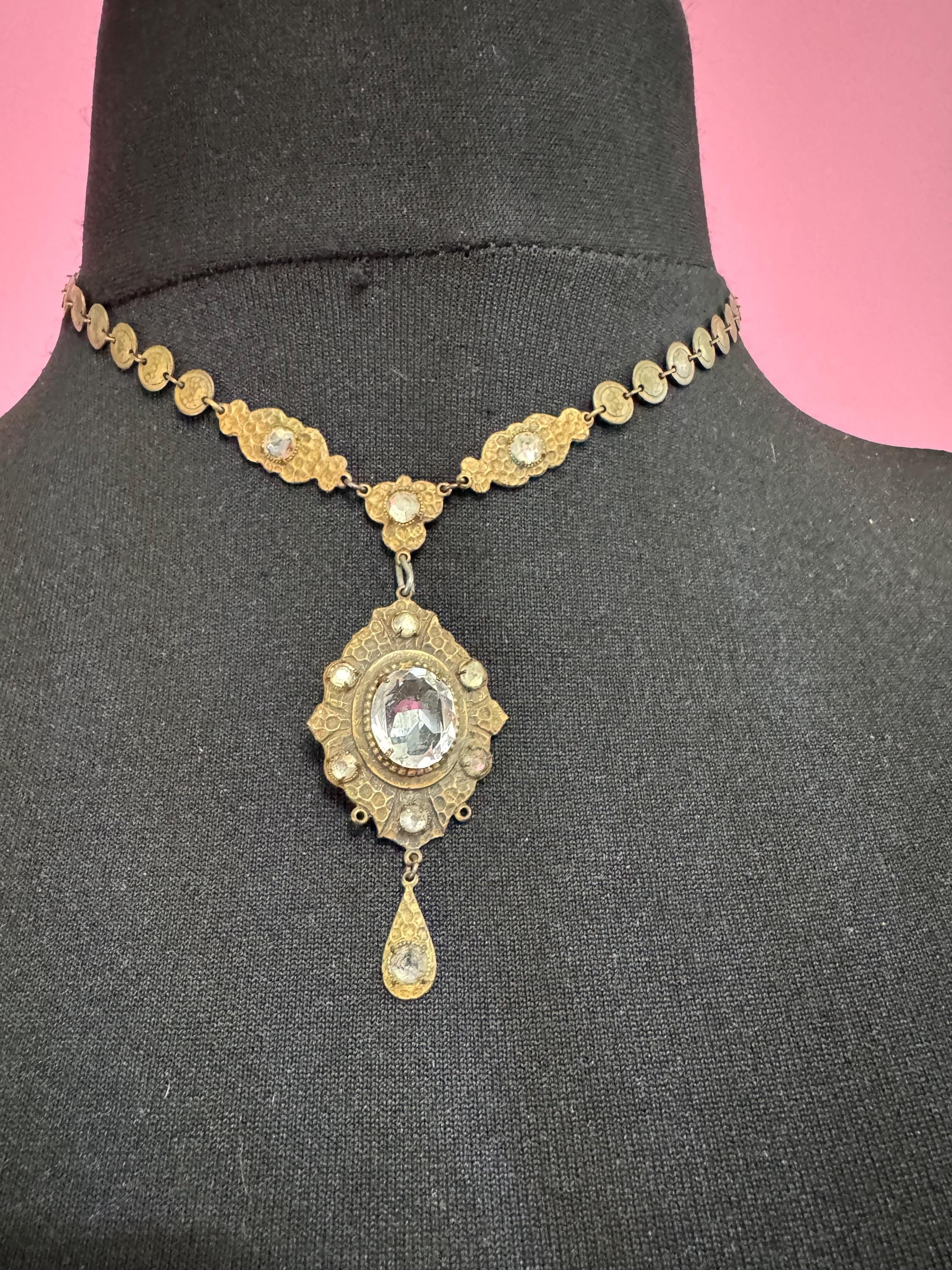 Art Deco czech brass necklace with clear rhinestones
