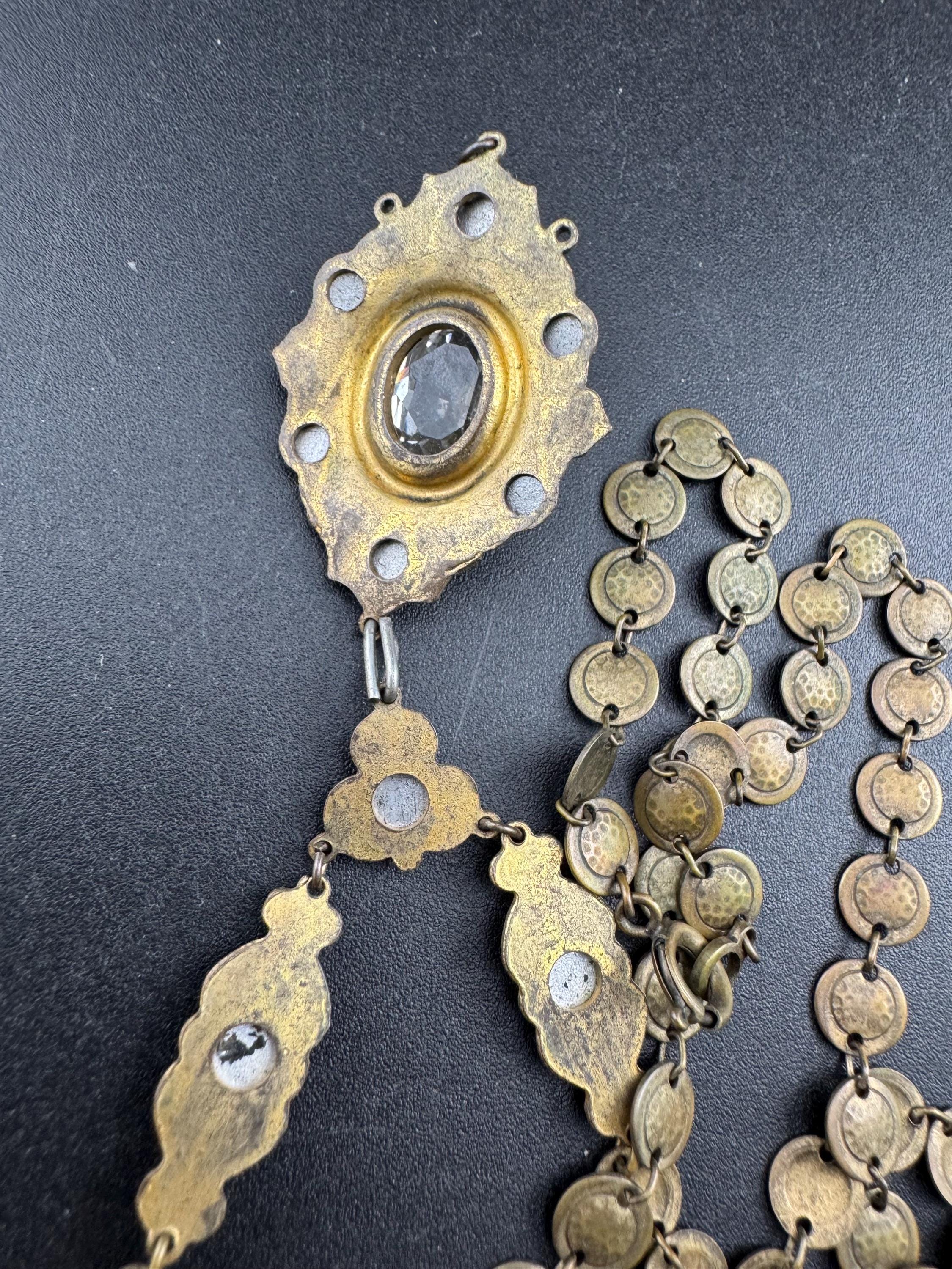 Art Deco czech brass necklace with clear rhinestones