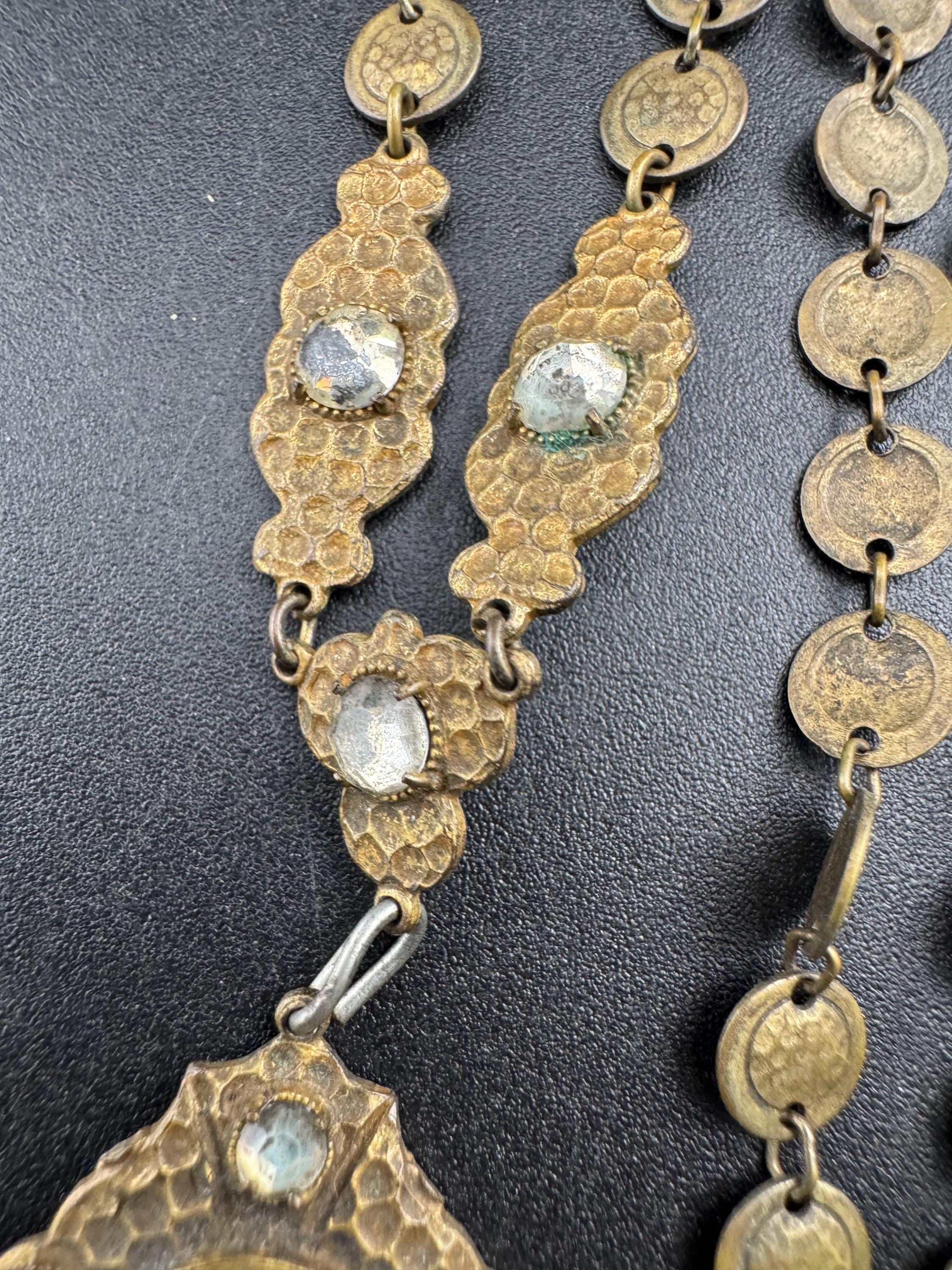 Art Deco czech brass necklace with clear rhinestones