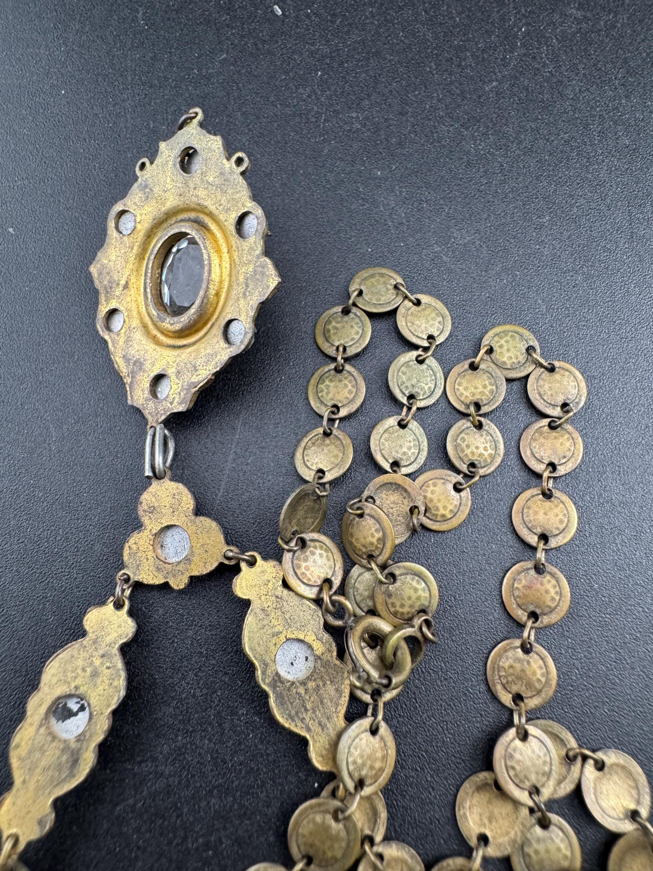 Art Deco czech brass necklace with clear rhinestones