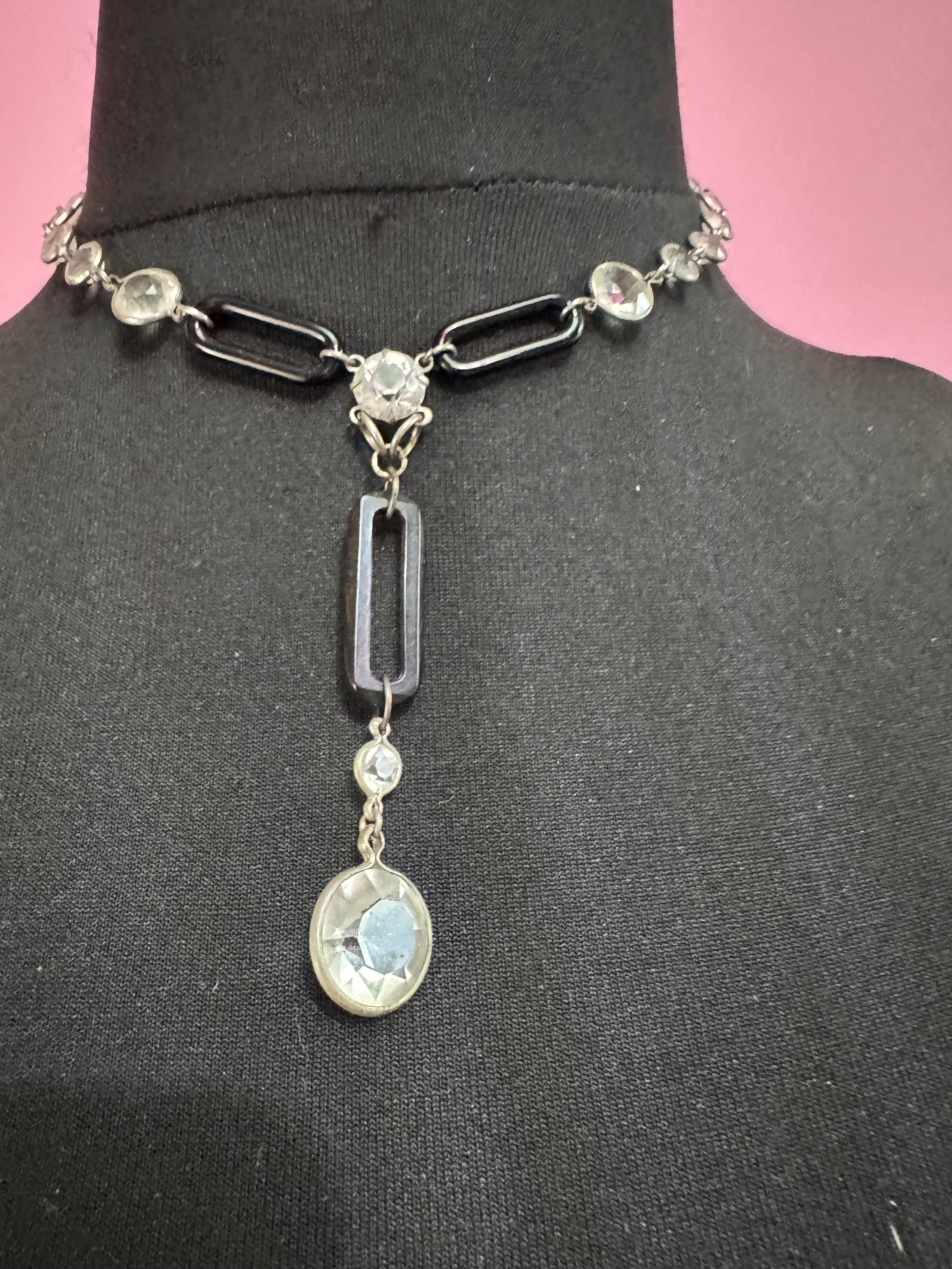 Art Deco Black clear bezel set Drop Necklace - Silver Tone 1920s