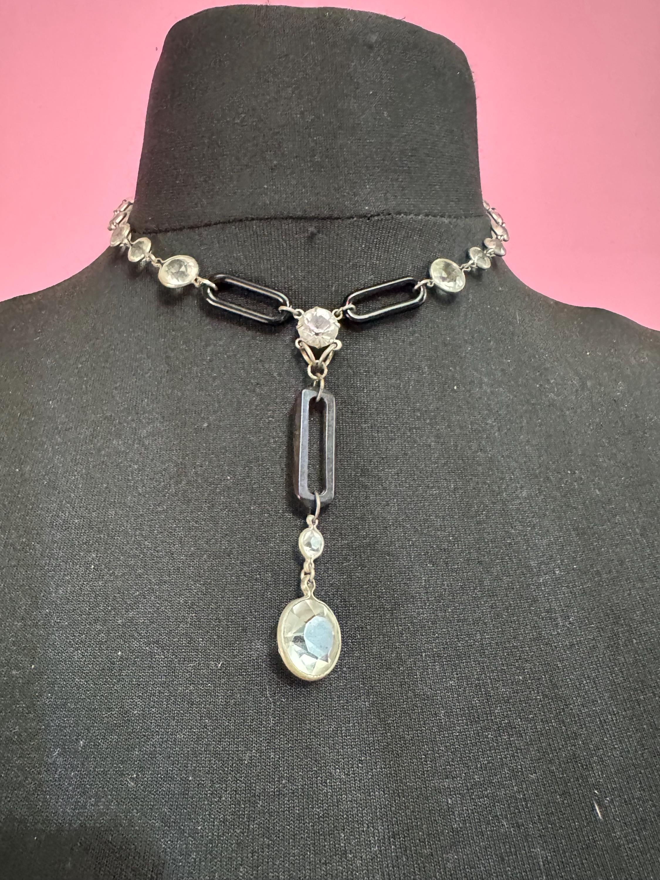 Art Deco Black clear bezel set Drop Necklace - Silver Tone 1920s