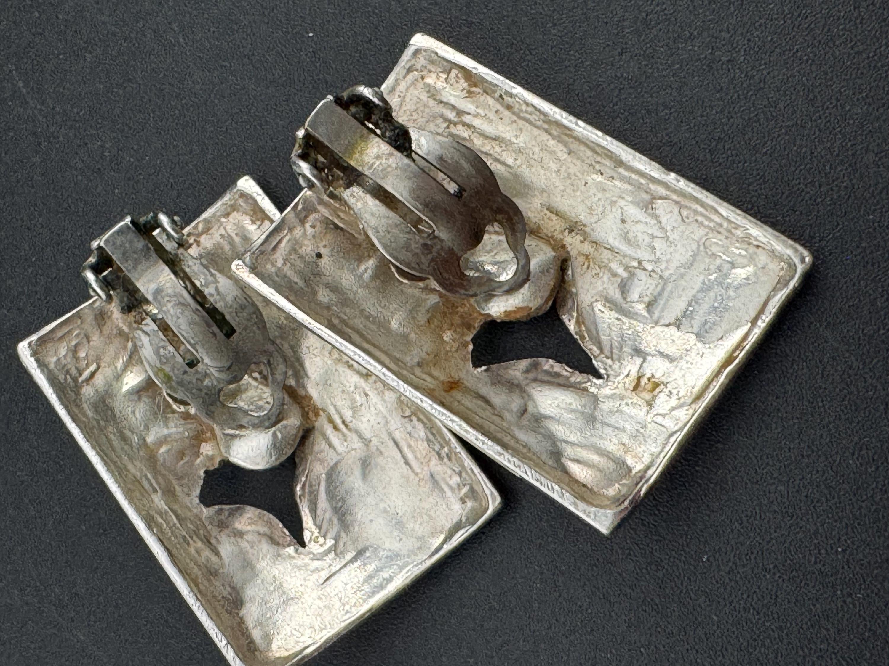 Signed SIDNEY CARRON Paris French designer large silver tone rectangular clip on earrings