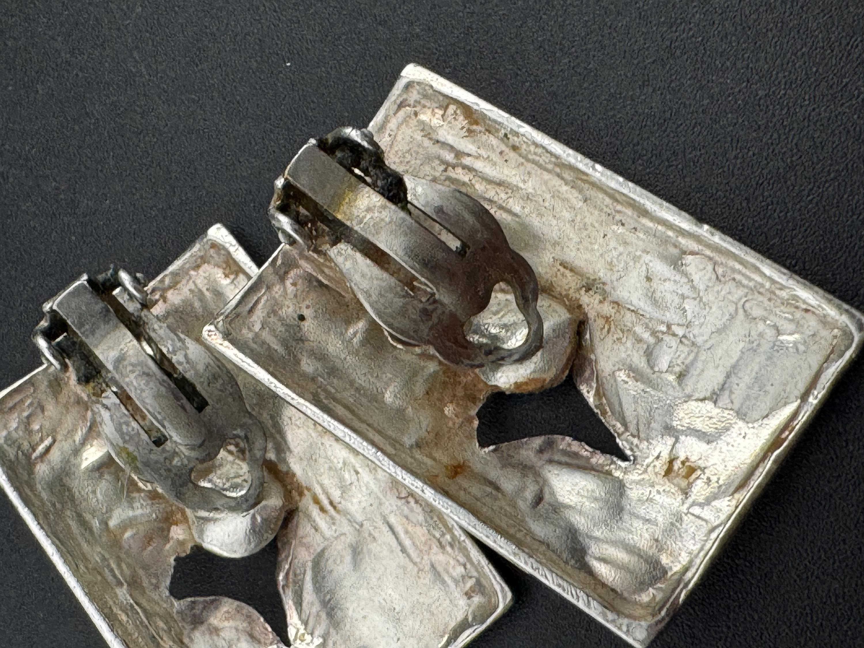 Signed SIDNEY CARRON Paris French designer large silver tone rectangular clip on earrings