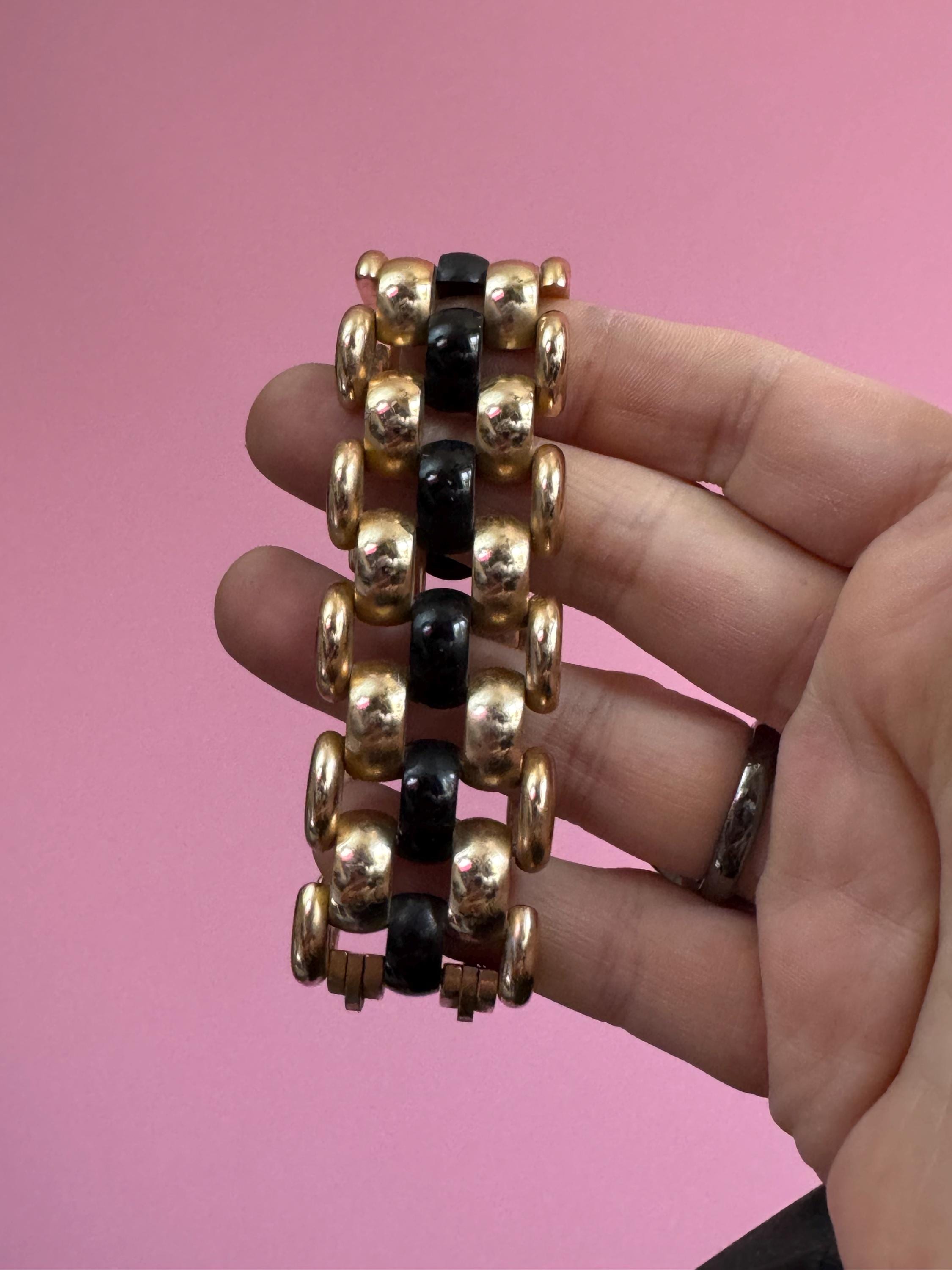 1950s De Farre warm gold tone black brick chain bracelet, 19.5cm French vintage