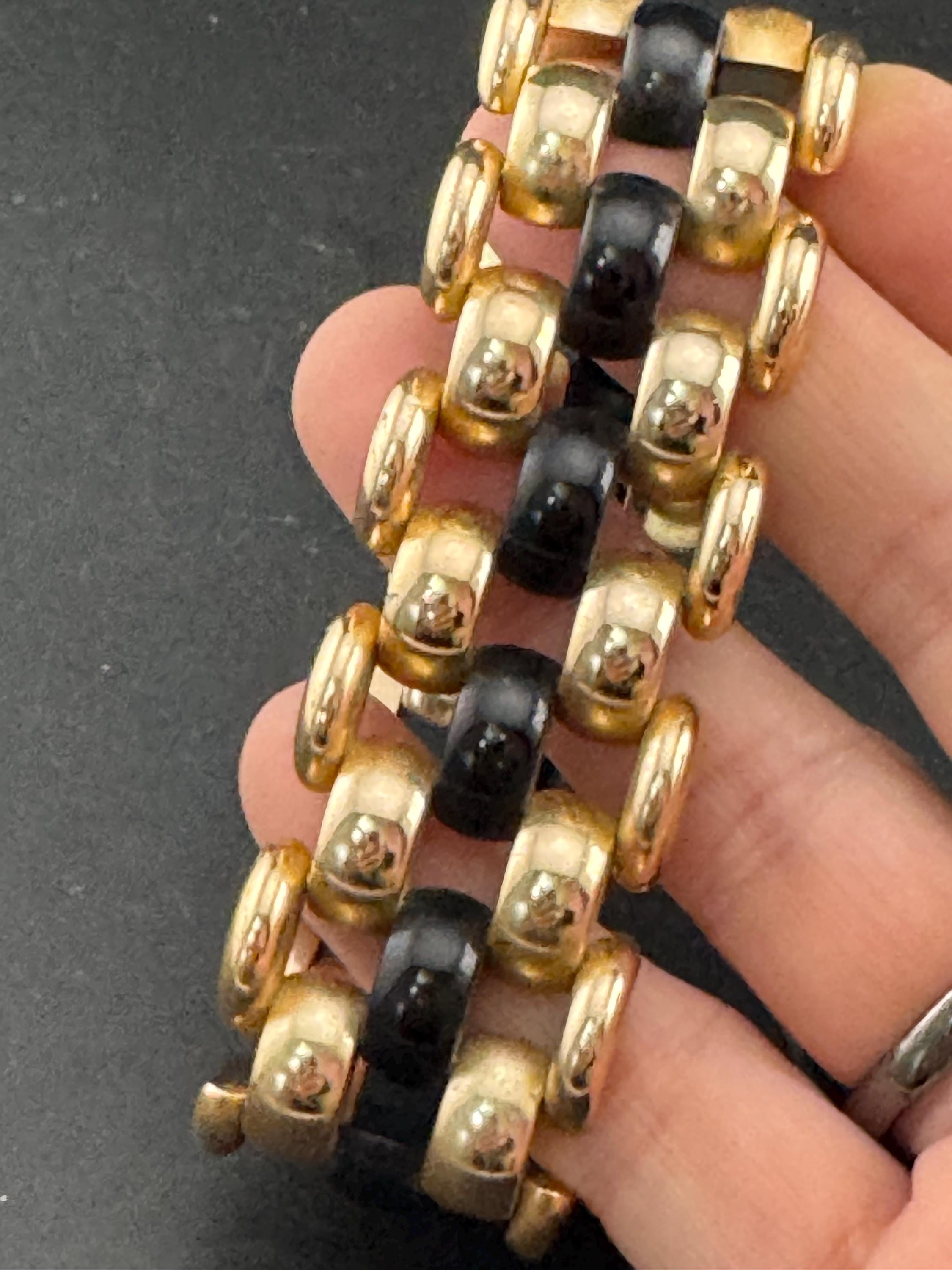 1950s De Farre warm gold tone black brick chain bracelet, 19.5cm French vintage
