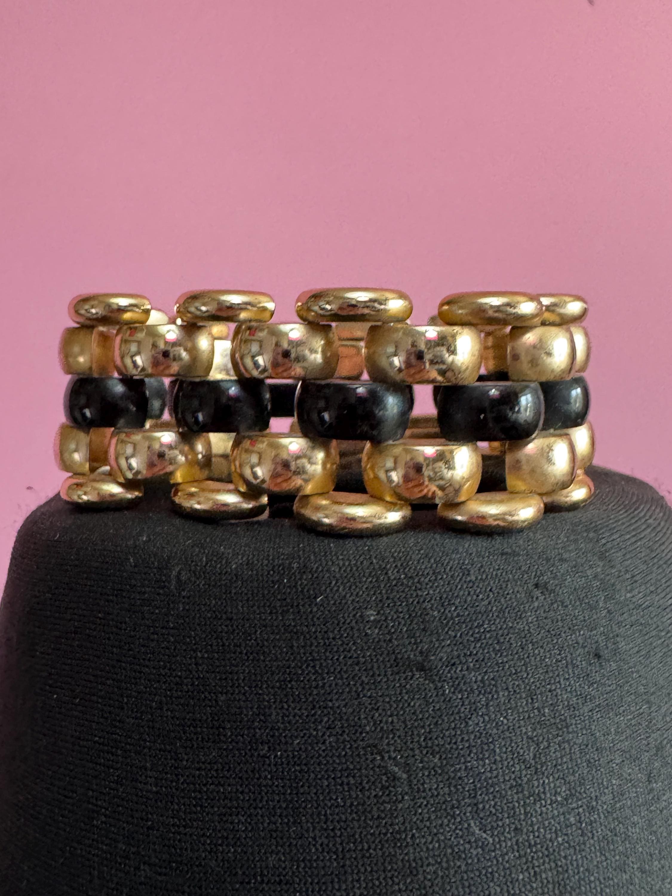 1950s De Farre warm gold tone black brick chain bracelet, 19.5cm French vintage