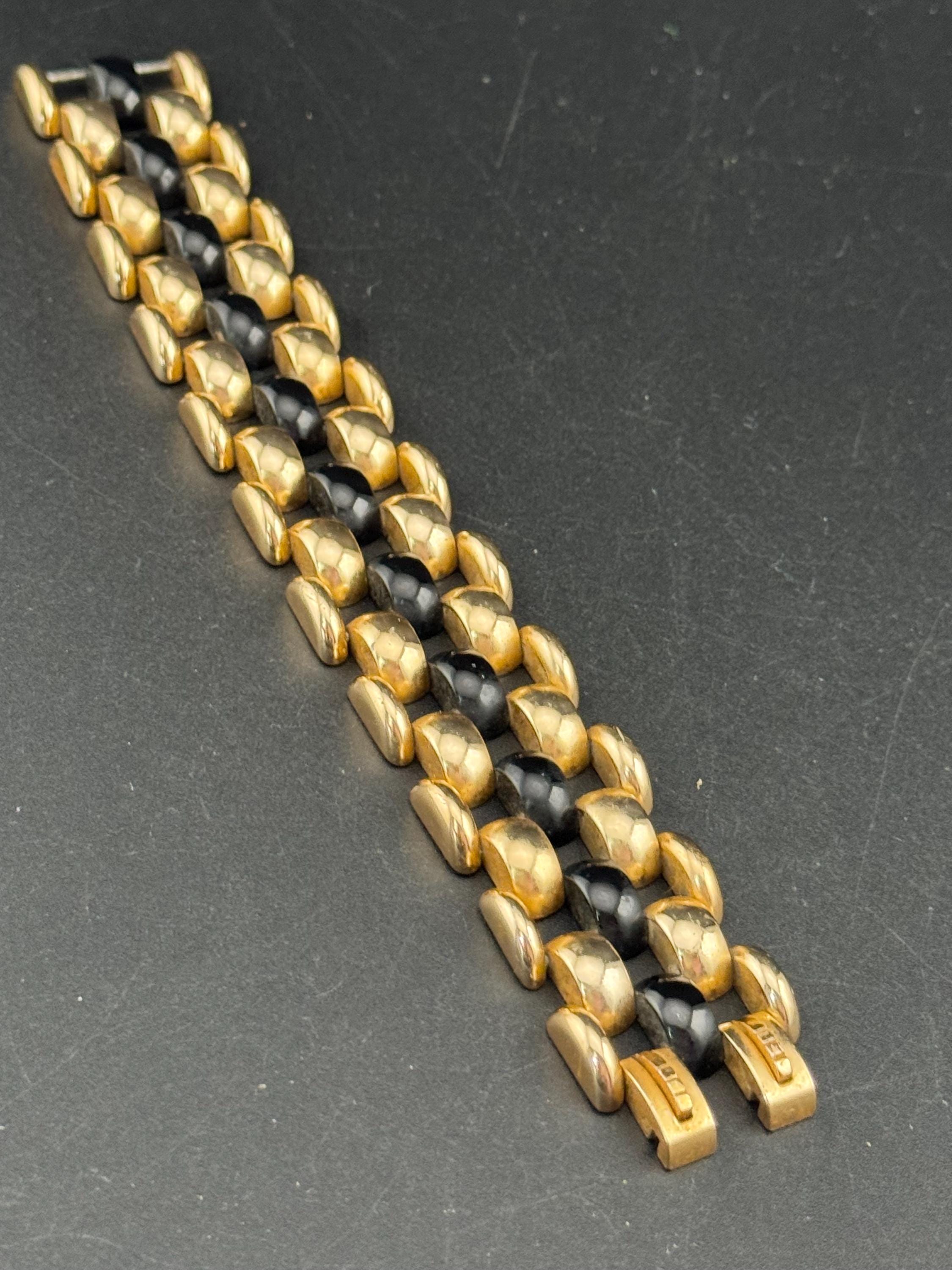 1950s De Farre warm gold tone black brick chain bracelet, 19.5cm French vintage