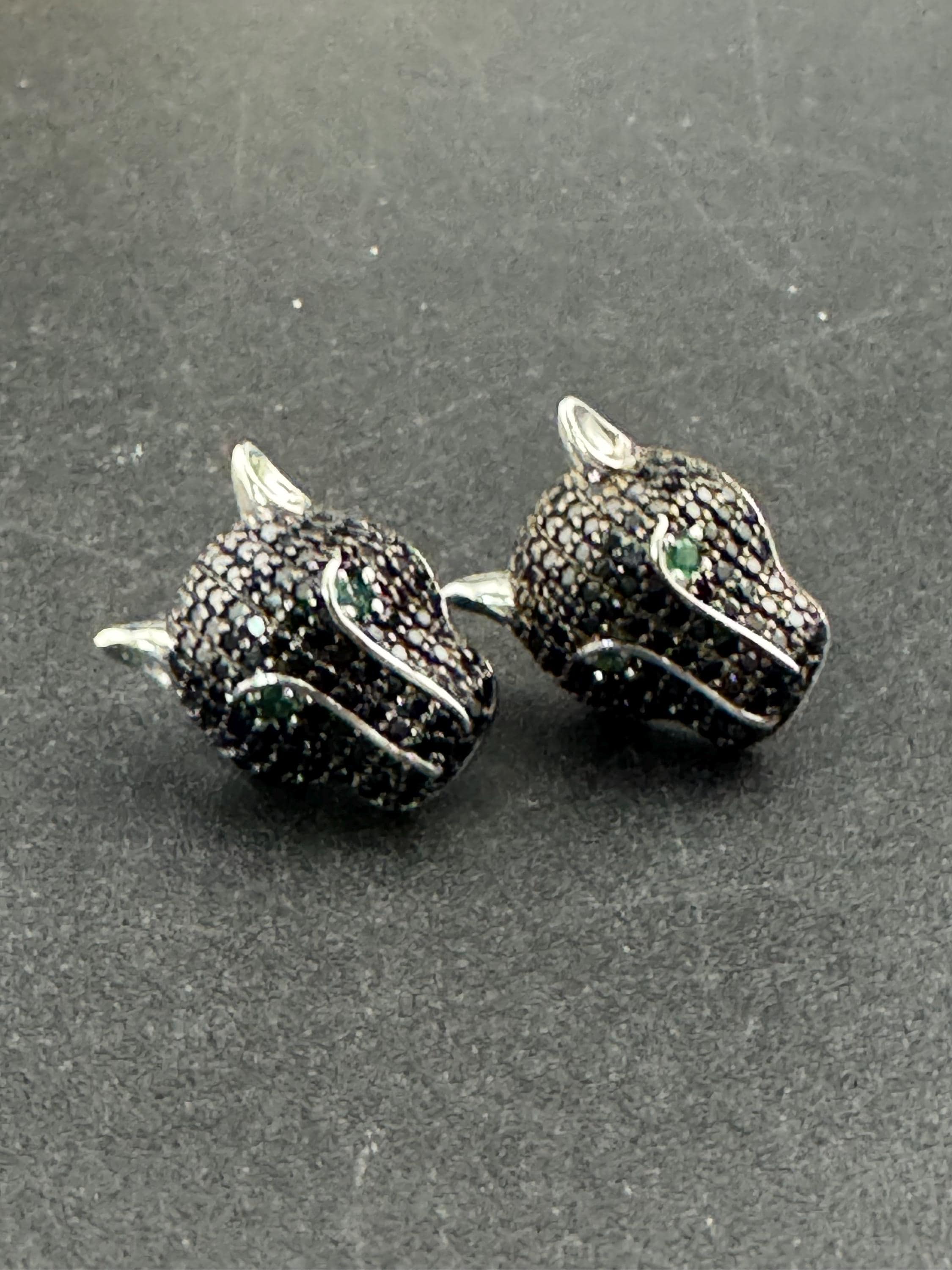 Sterling Silver Leopard Stud Earrings, Black CZ Crystal Eyes