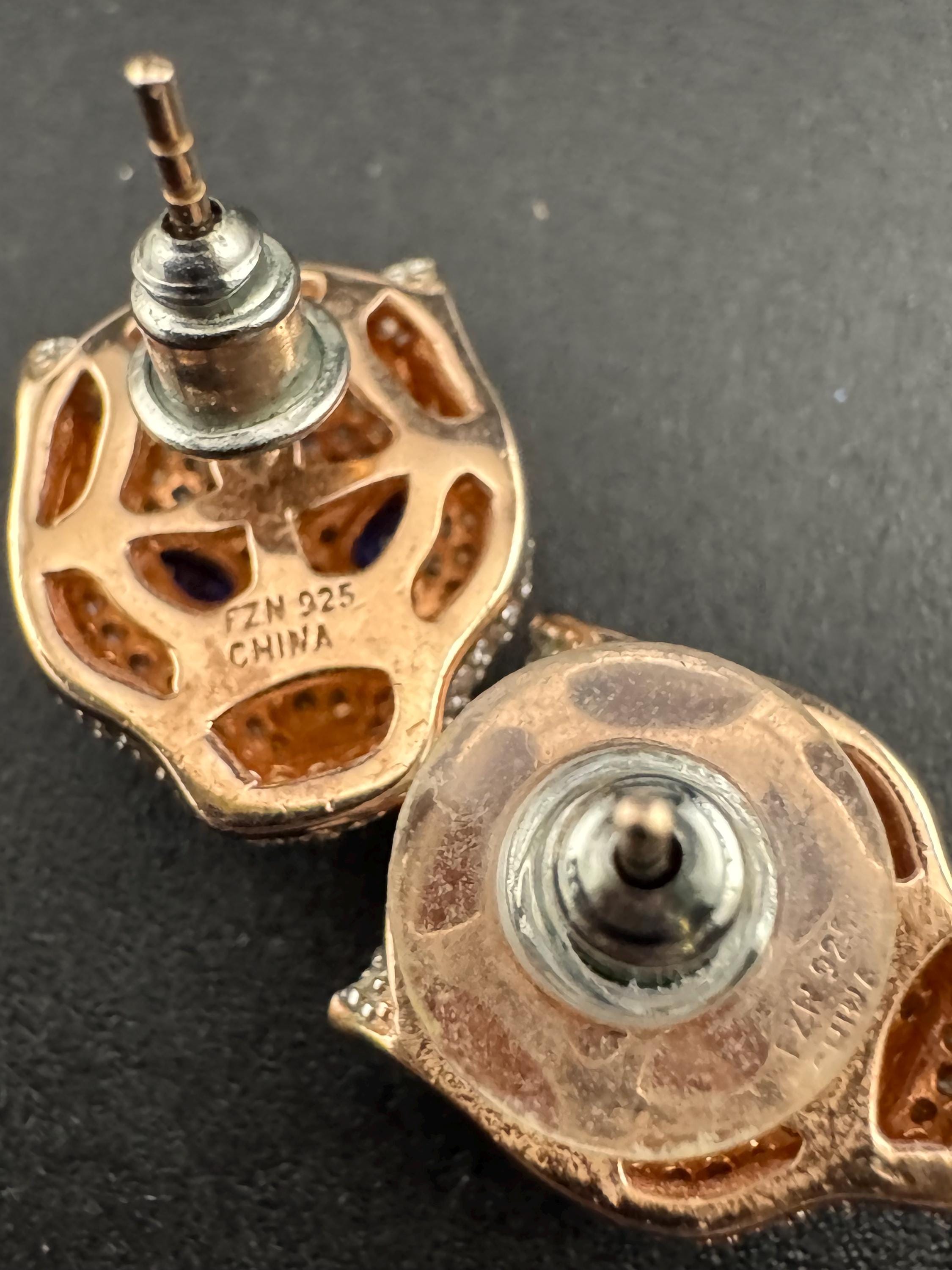 Sterling Silver Leopard Stud Earrings, Rose Gold Plated, CZ Crystal