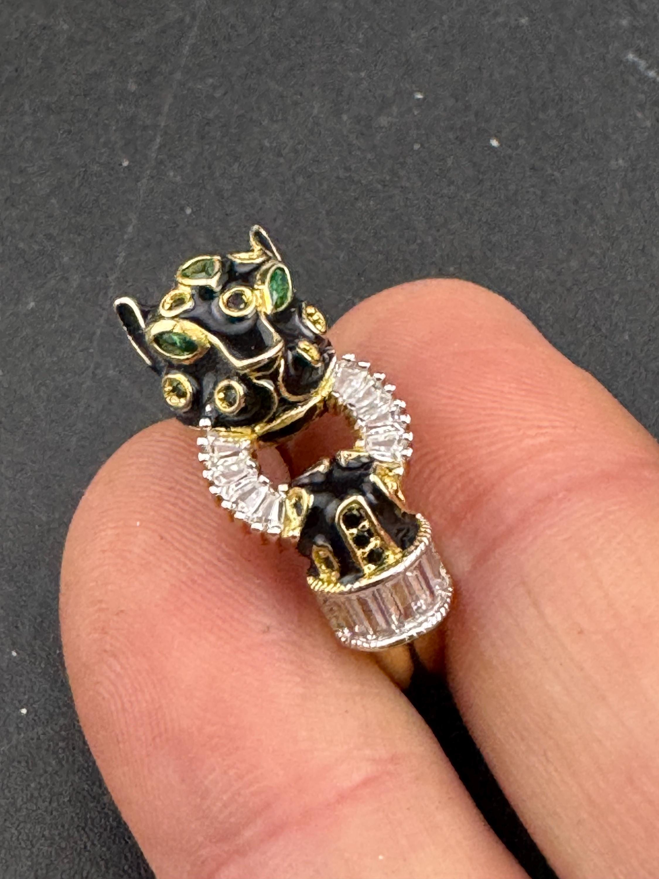 Gold over Sterling Silver Leopard Ring, Black Enamel CZ