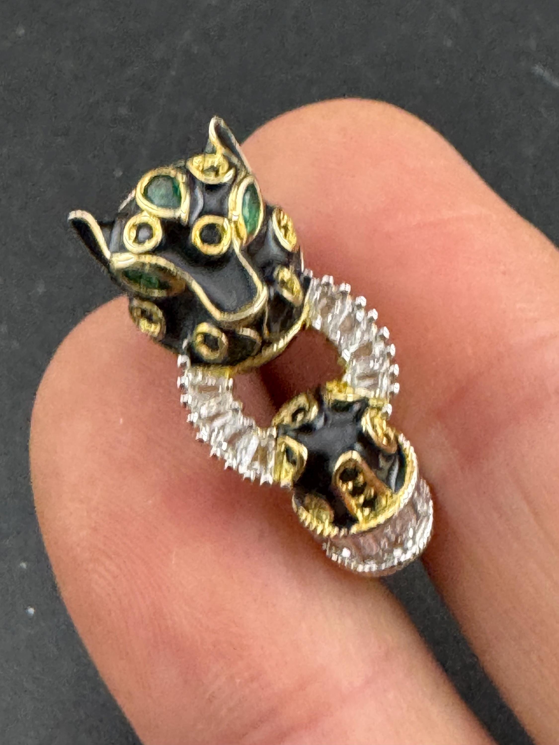 Gold over Sterling Silver Leopard Ring, Black Enamel CZ