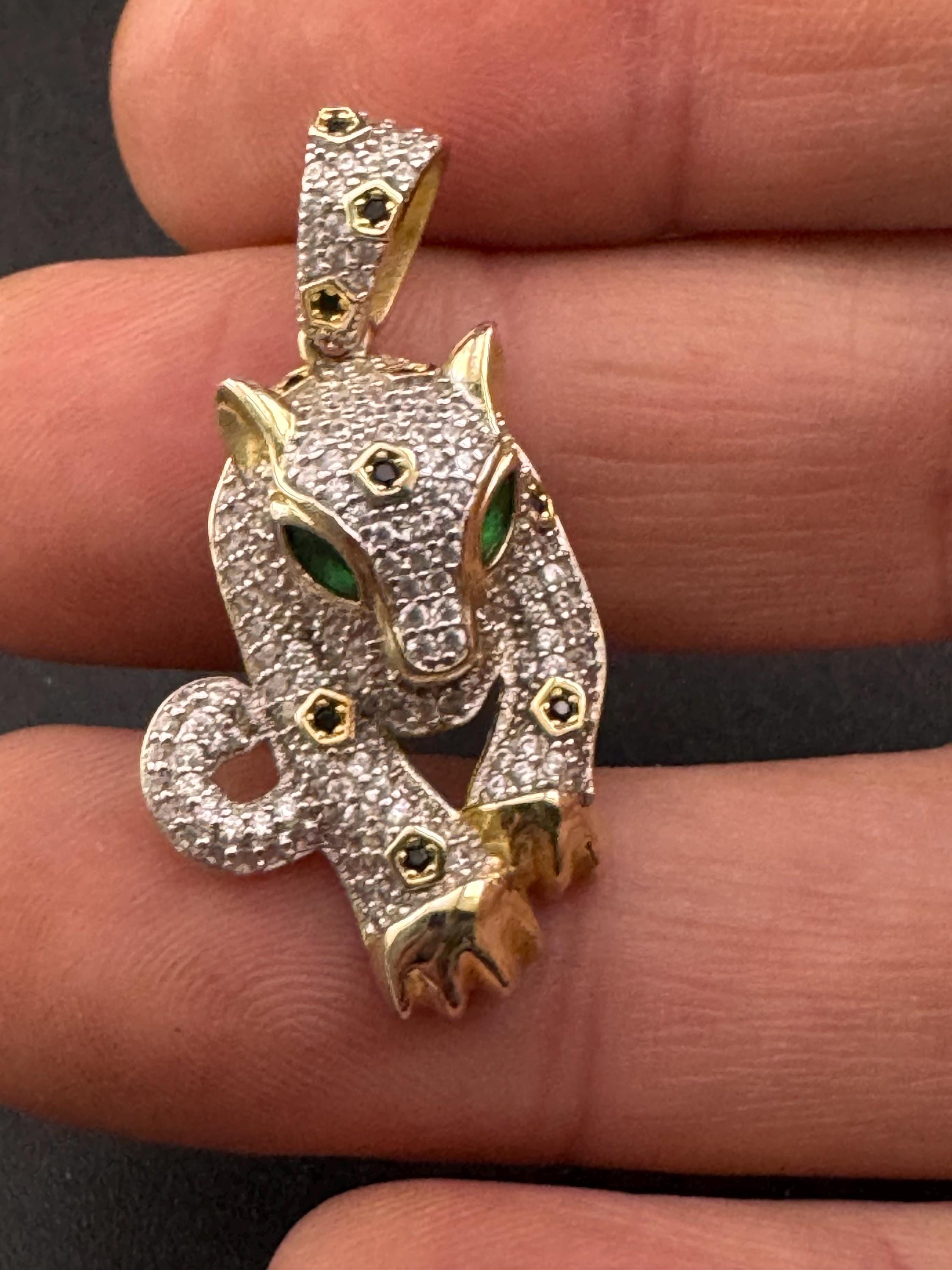 CZ Leopard Pendant - Gold on Sterling Silver Big Cat Necklace