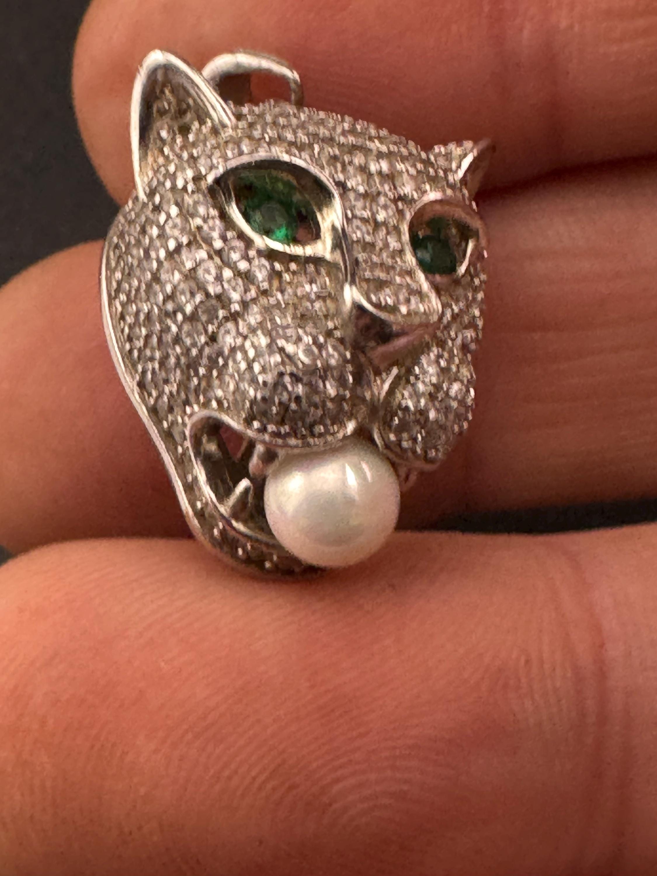 CZ Leopard Pendant – Sterling Silver Big Cat Necklace, Faux Pearl