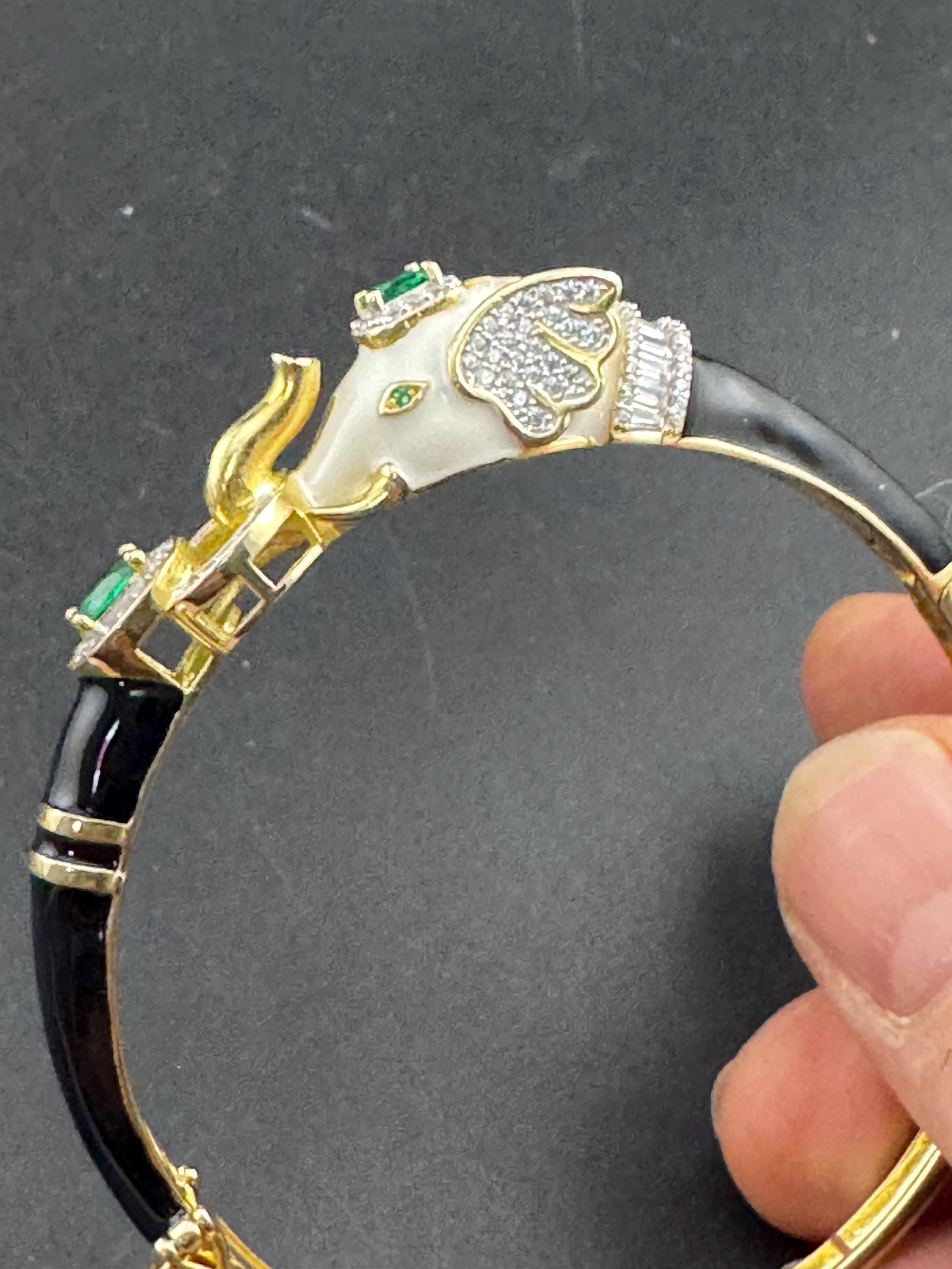 Enamel Elephant Bangle, CZ, Gold over Sterling Silver