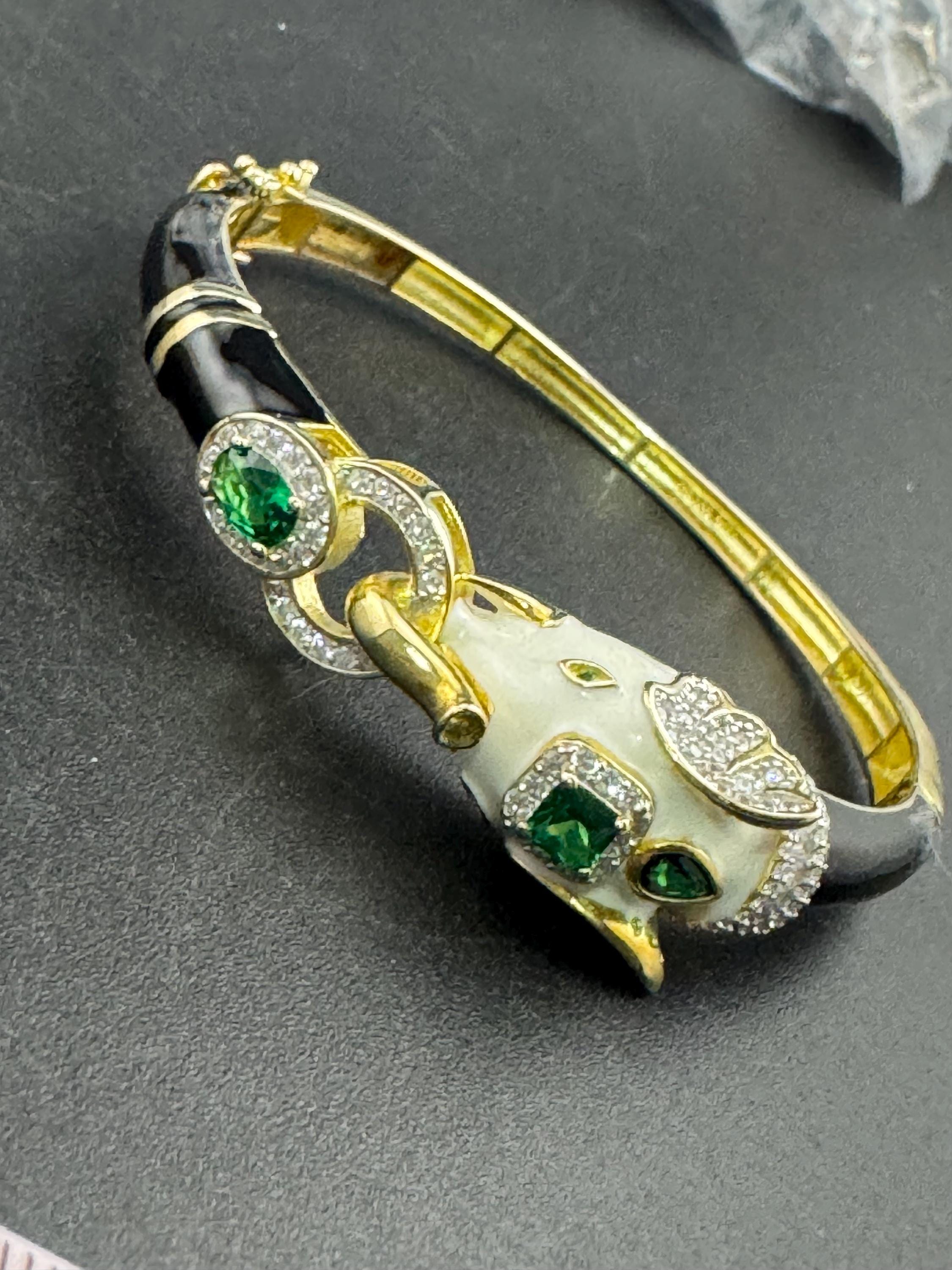 Enamel Elephant Bangle, CZ, Gold over Sterling Silver