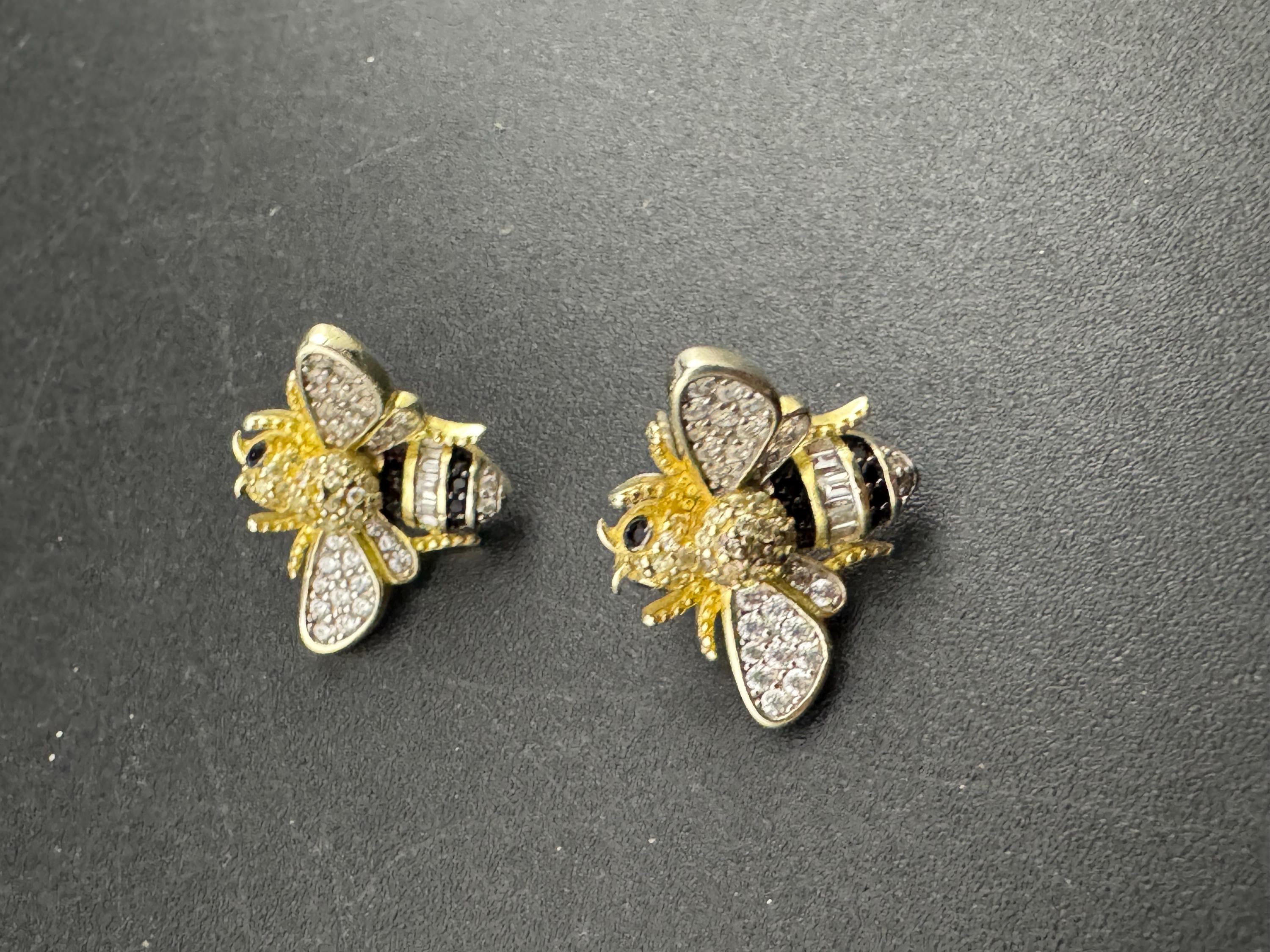 925 gold vermeil cz enamel Bee stud earrings, sterling silver by cote d argent