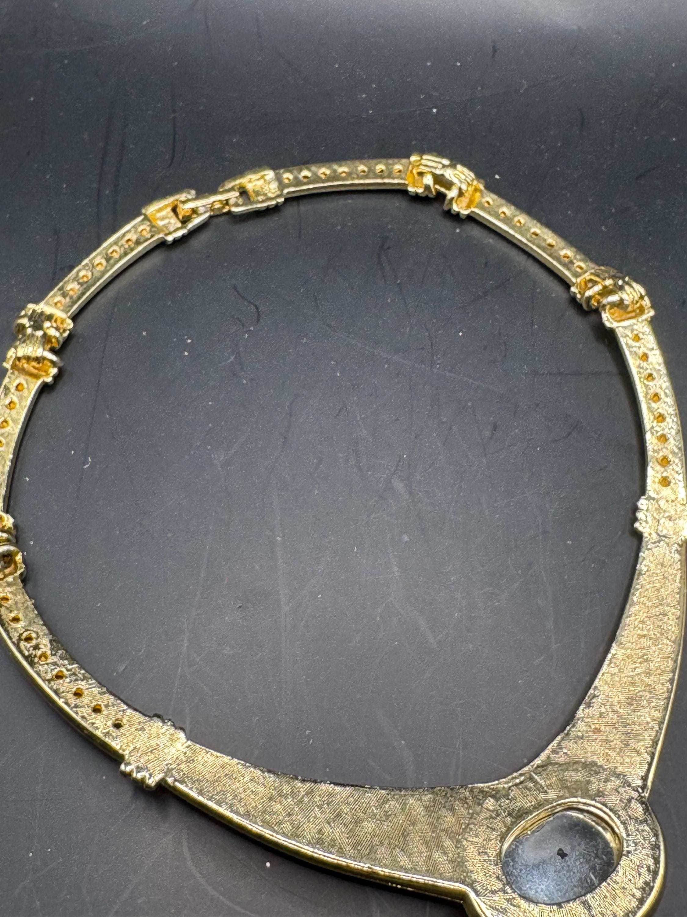 80s Retro emerald green Cabochon Diamanté Choker Necklace, gold plated