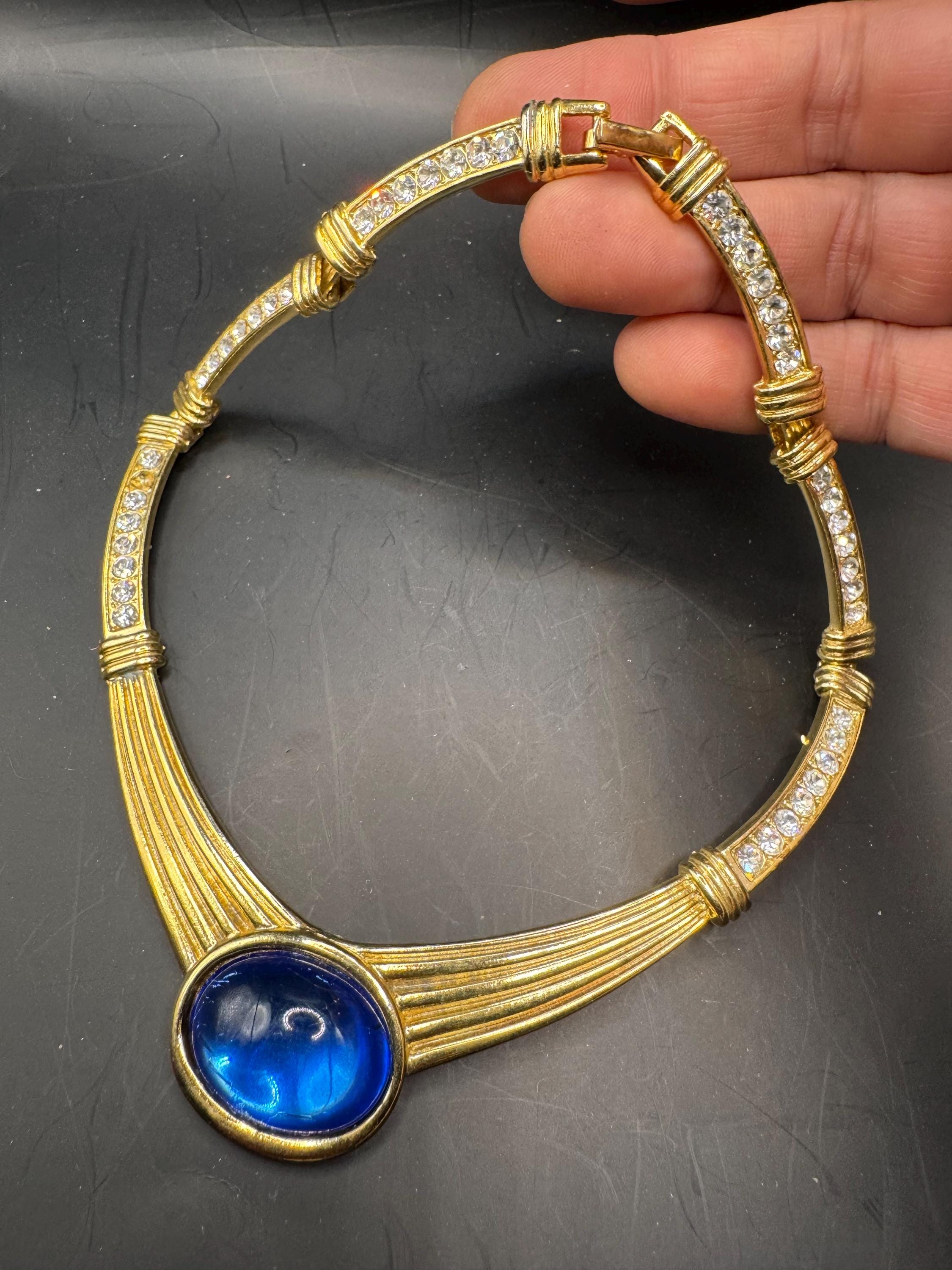 80s Retro sapphire blue Cabochon Diamanté Choker Necklace, gold plated
