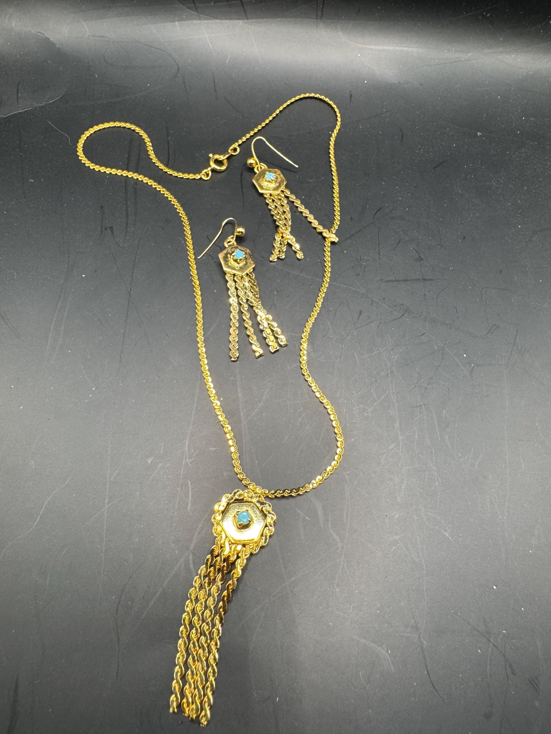 Vintage Turquoise rhinestone jewellery set, serpentine tassel necklace and earrings, gold plated