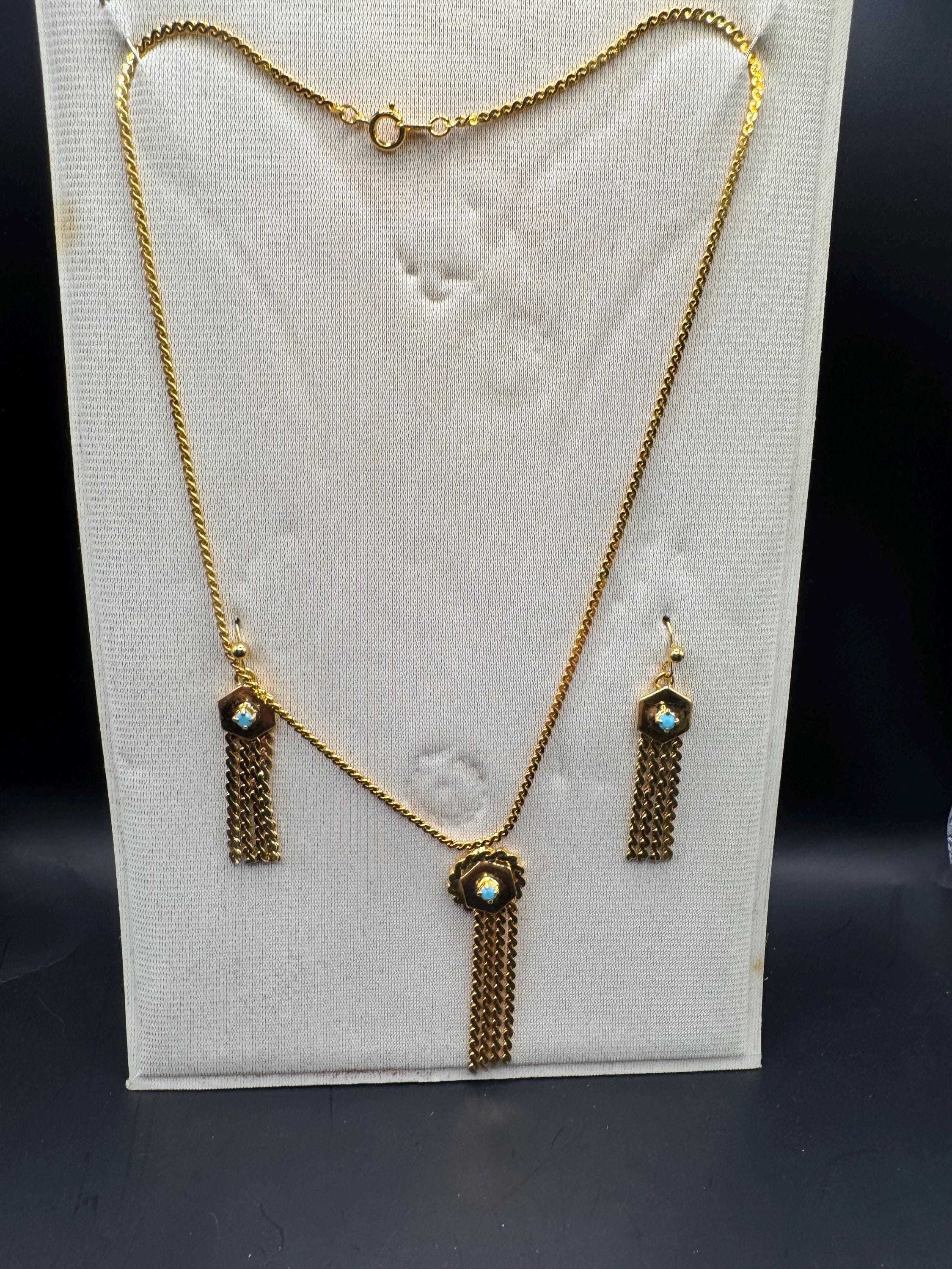 Vintage Turquoise rhinestone jewellery set, serpentine tassel necklace and earrings, gold plated