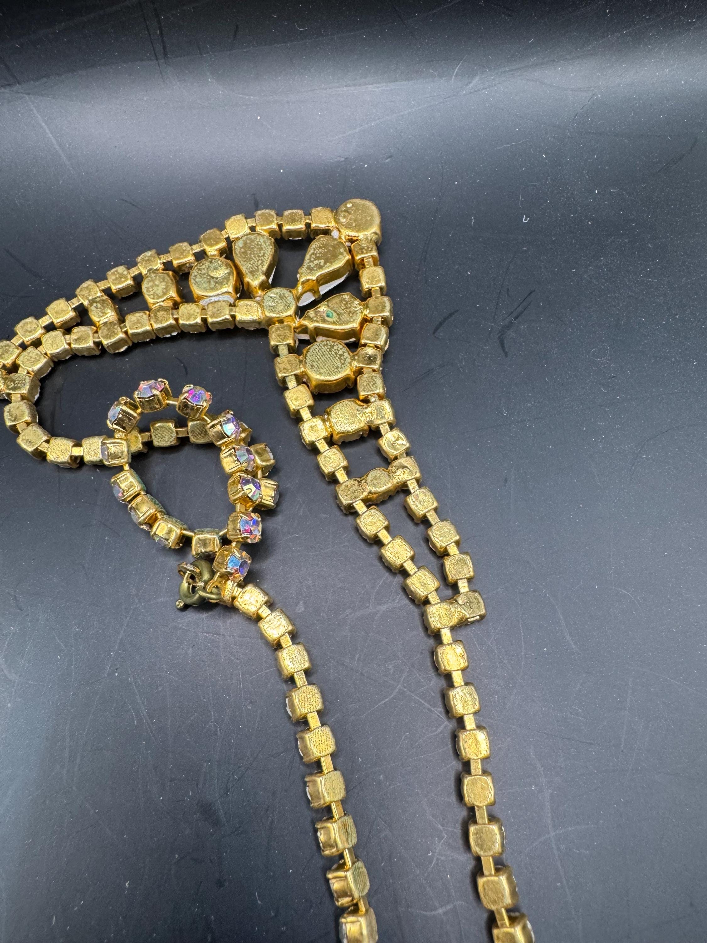 Vintage AB Aurora borealis glass bib choker necklace, gold tone prong set