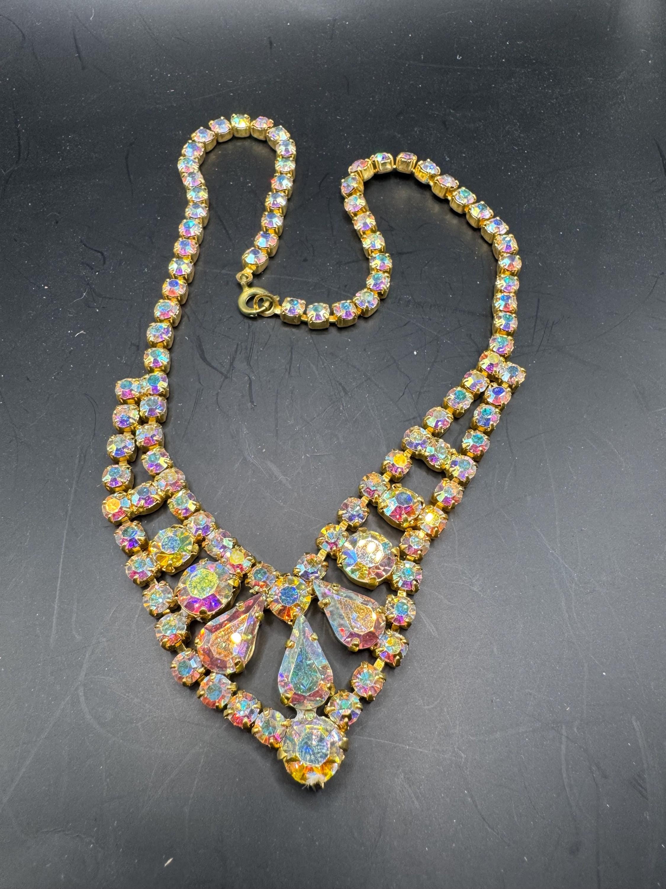 Vintage AB Aurora borealis glass bib choker necklace, gold tone prong set