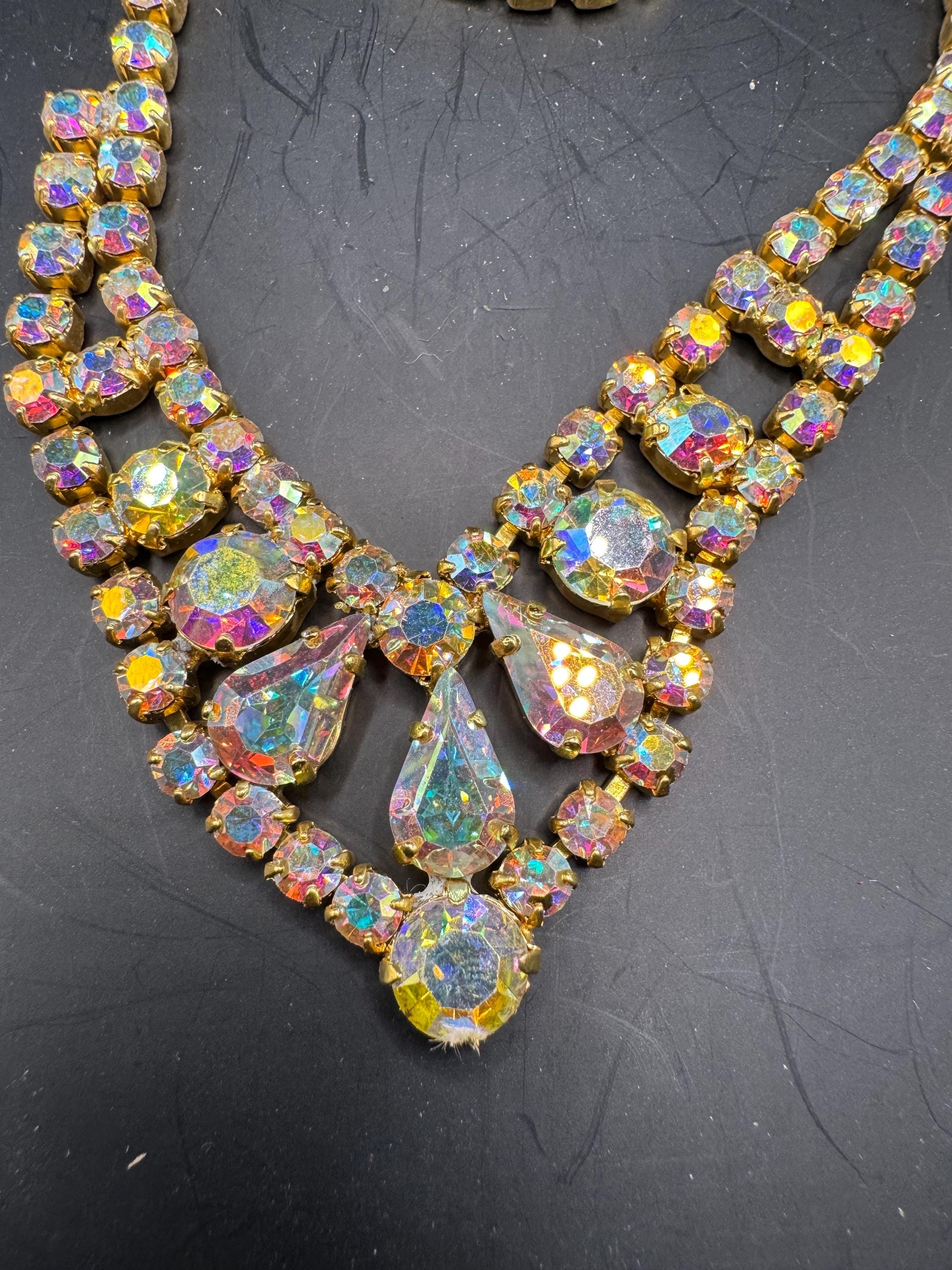 Vintage AB Aurora borealis glass bib choker necklace, gold tone prong set