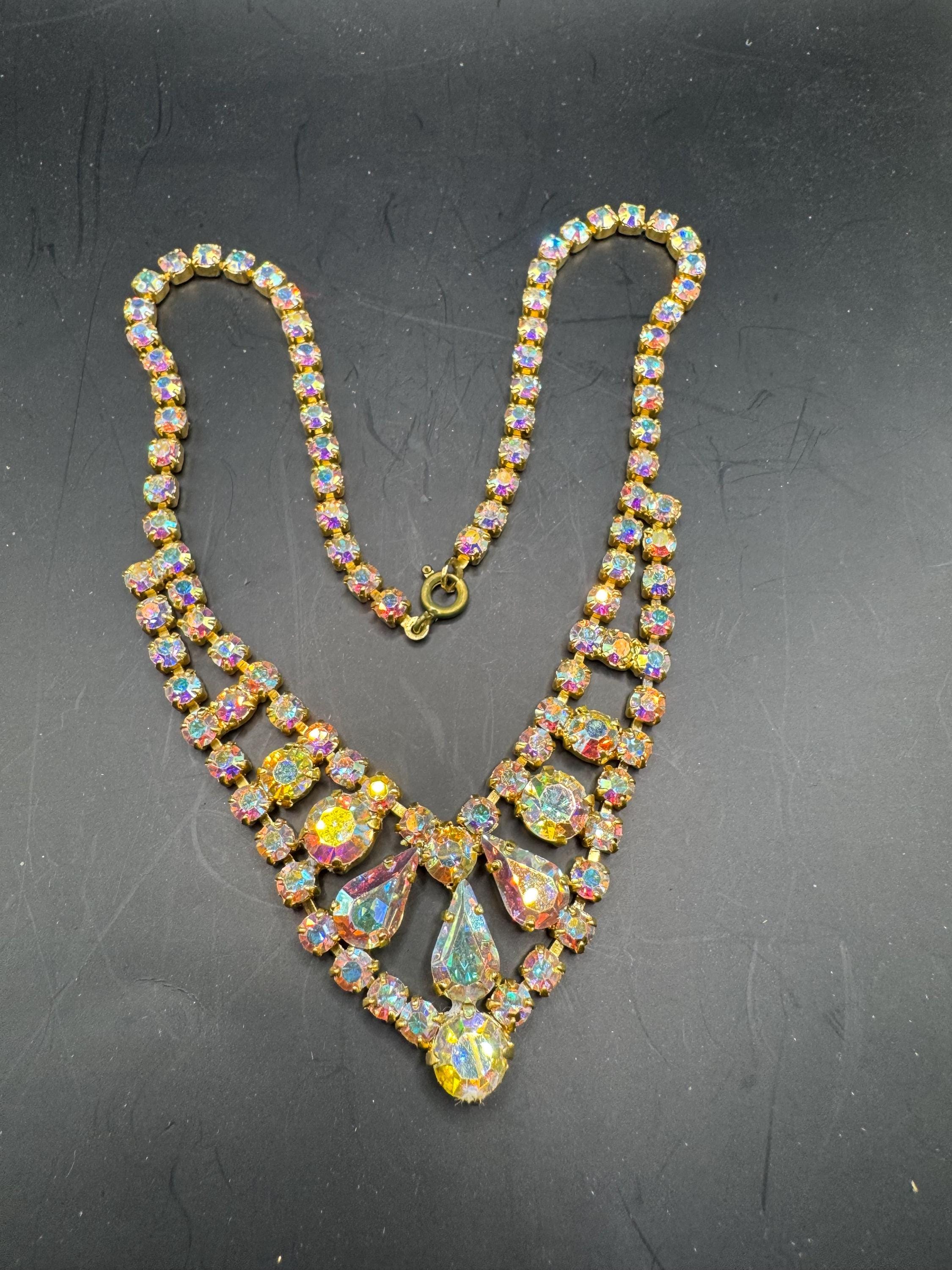 Vintage AB Aurora borealis glass bib choker necklace, gold tone prong set