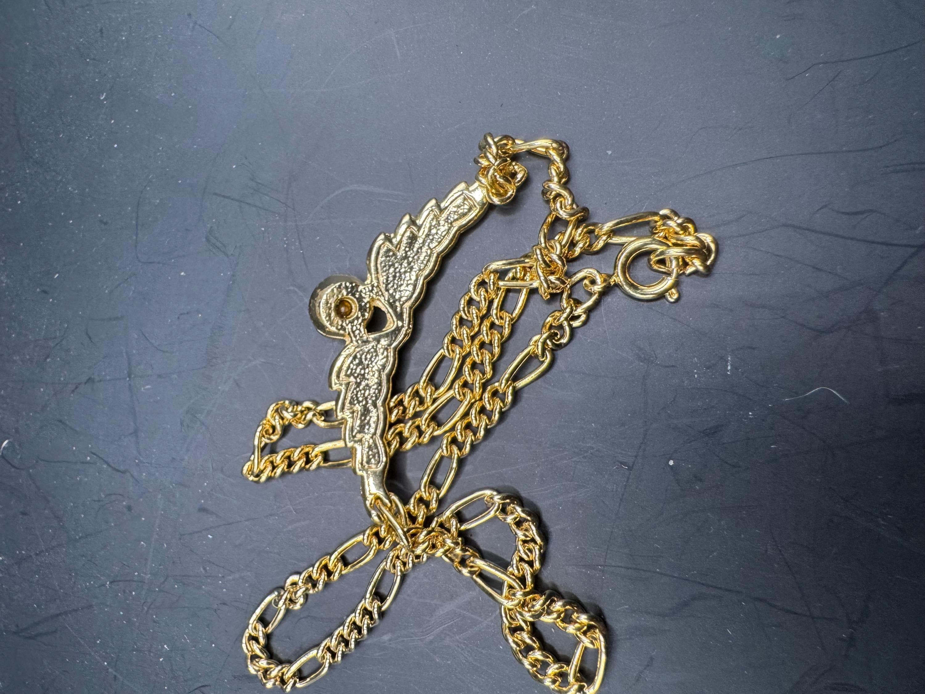 Gold Tone Figaro Chain sapphire Necklace: blue clear Rhinestone