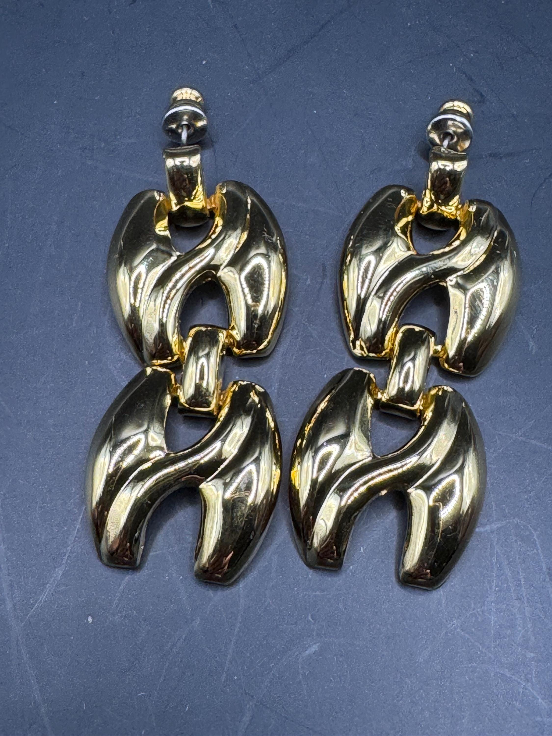 Vintage 80s Gold door knocker drop earrings, pierced ears embossed metal unused