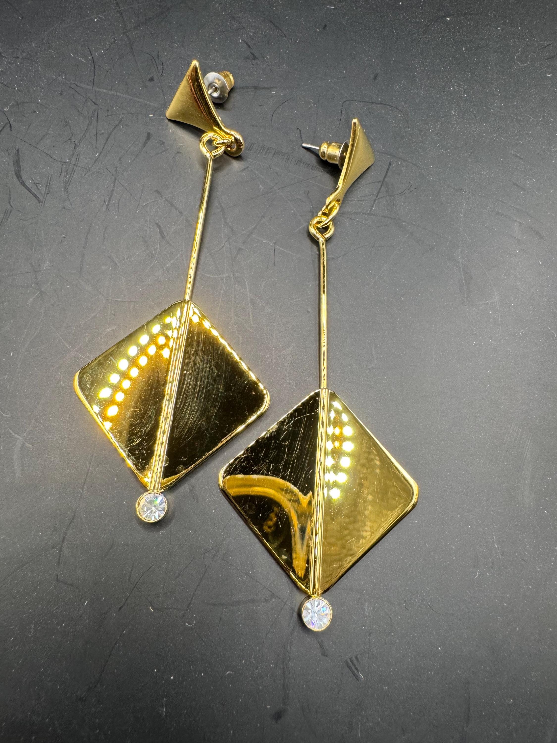 Vintage 80s Gold diamanté geometric long drop earrings, pierced ears embossed metal unused