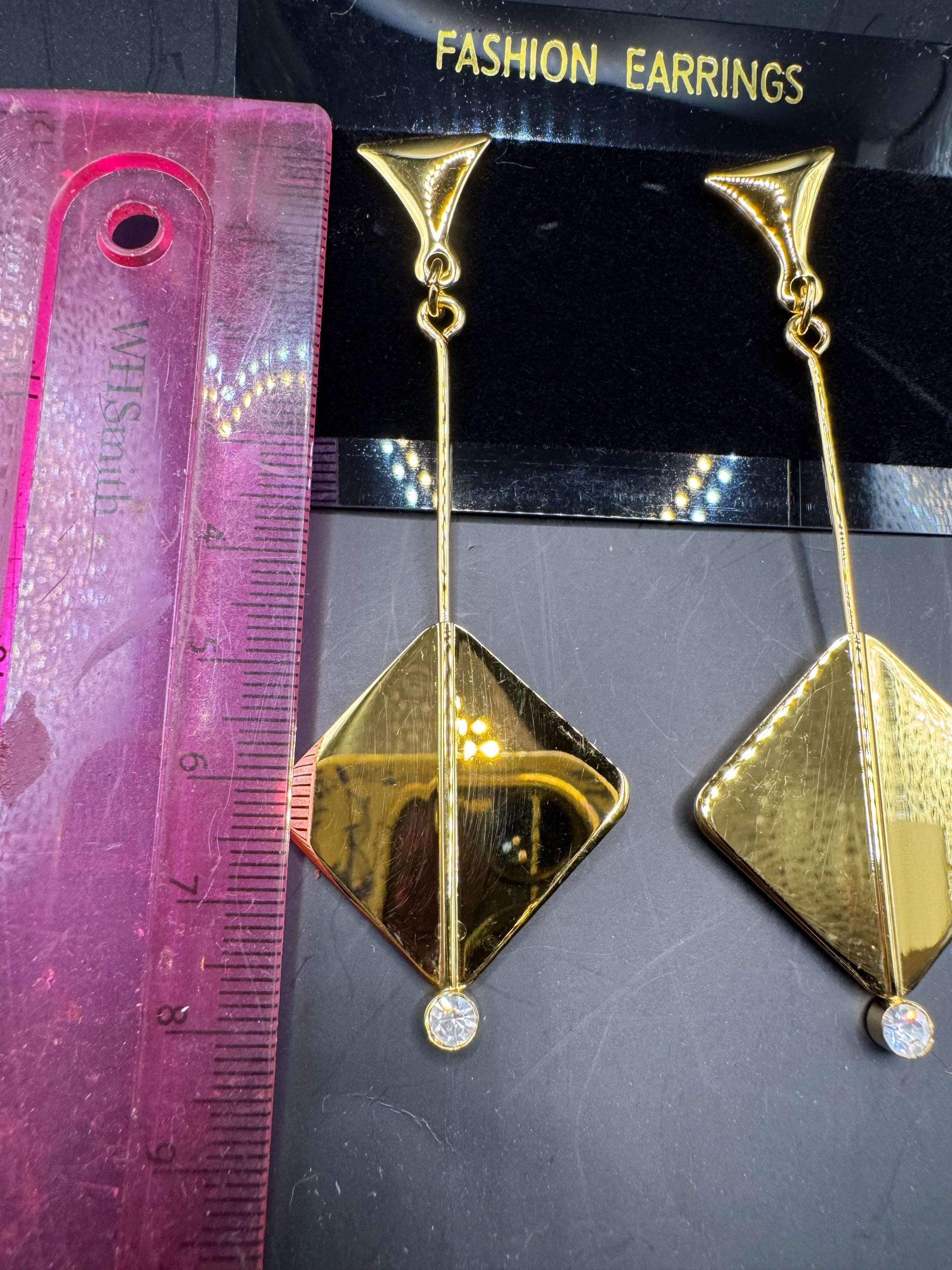 Vintage 80s Gold diamanté geometric long drop earrings, pierced ears embossed metal unused