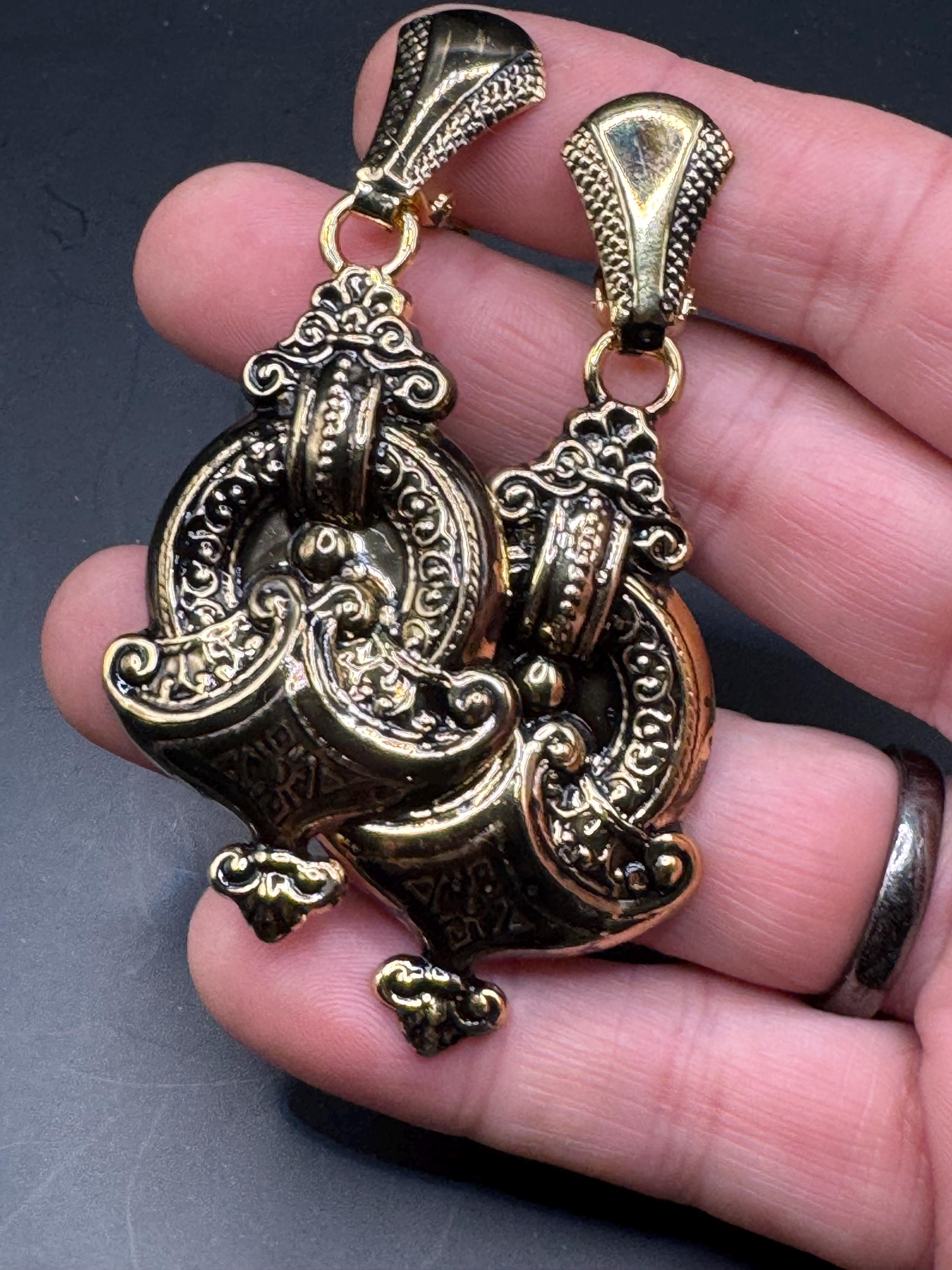 Vintage 80s 7cm antique Gold door knocker drop clip on earrings, embossed metal unused